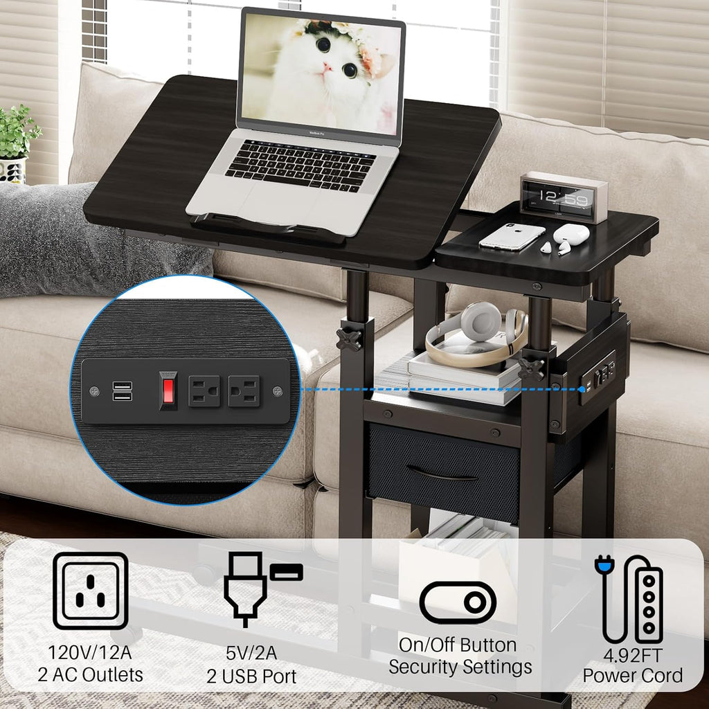Height Adjustable Overbed Table with Wheel and Charging Station, Tiltable Desk C Shaped End Table for Couch, 2-Tier Overbed Bedside Desk with Storage Shelve for Living Room Bedroom