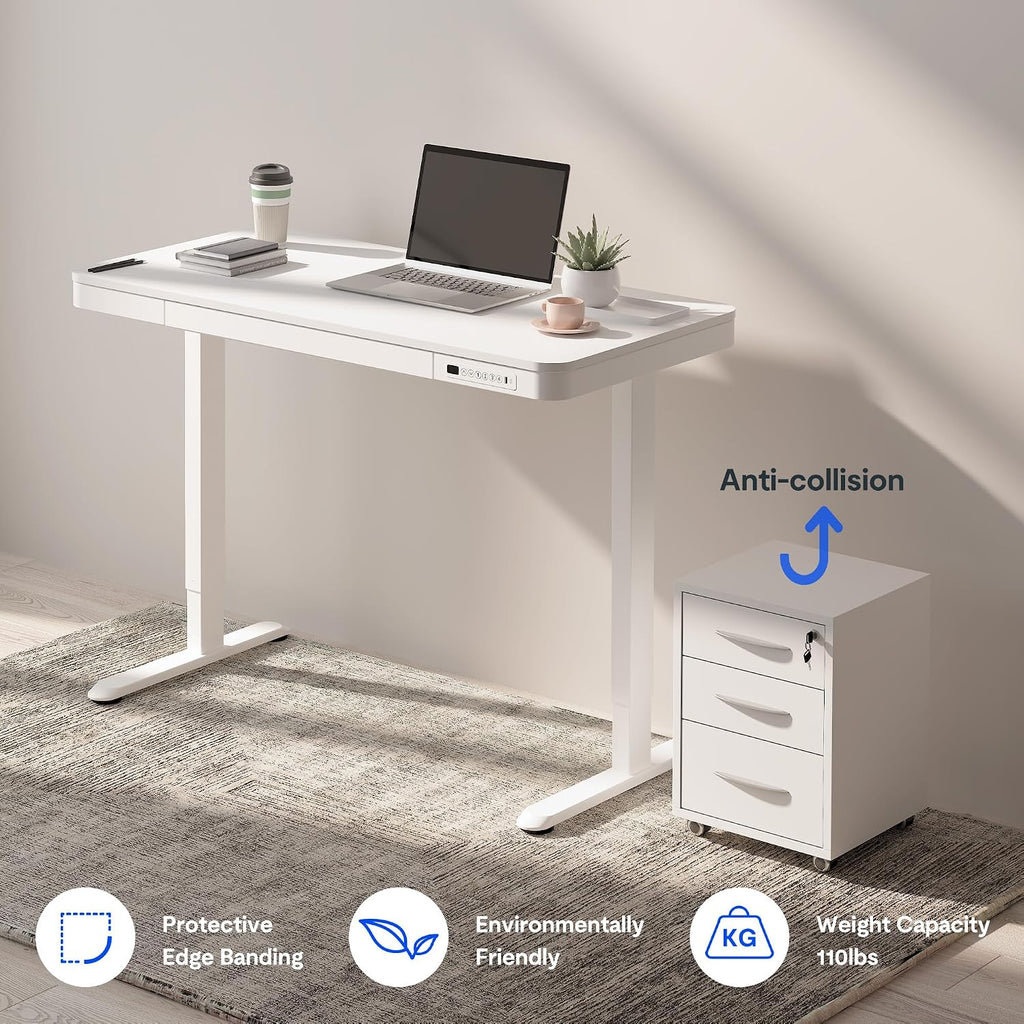 FLEXISPOT Comhar Electric Standing Desk with Drawers Charging USB A to C Port, Height Adjustable 48' Whole-Piece Home Office Computer Laptop Table with Storage (White Top + Frame)
