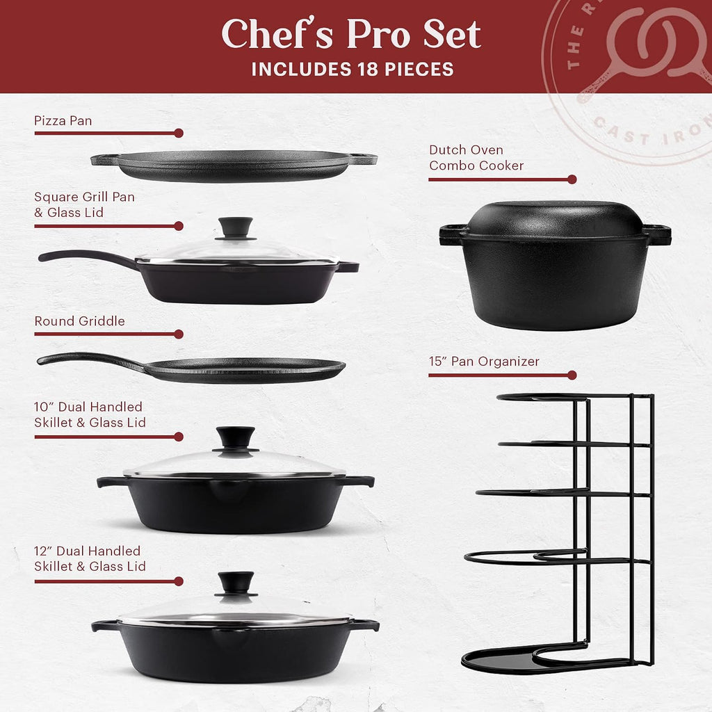 Cuisinel Cast Iron 18-Piece Preseasoned Cookware Set: 10'+12' Skillets w/Lids + 5-Qt Dutch Oven + 10.5' Square Grill Pan w/Lid + Pizza Pan + Round Griddle + 15' Organizer +Scraper + Silicone Handle