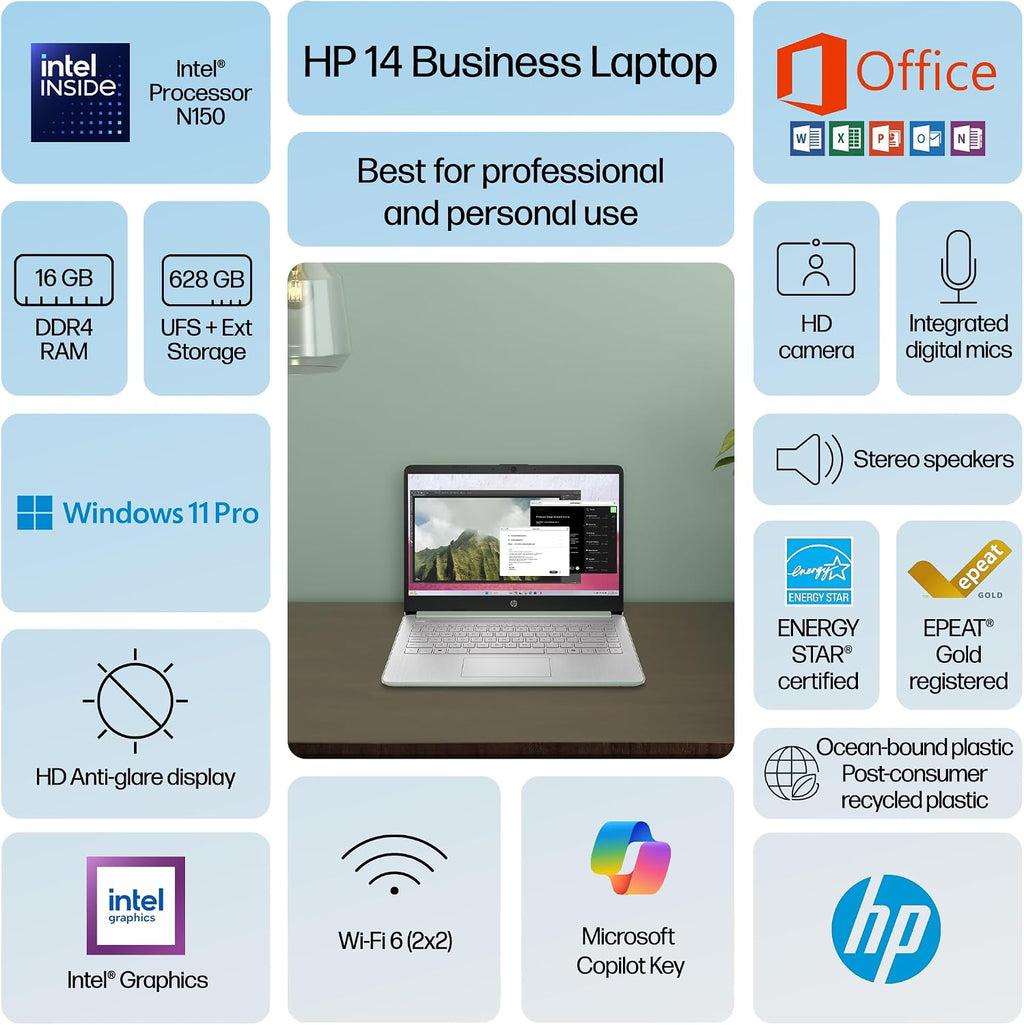 HP 14' Laptop Computer 2025-2026 Business Student, Copilot AI, Lifetime Office, 4-Core Intel CPU, 16GB RAM, 628GB Storage (128GB UFS+500GB Ext), Wi-Fi 6, 10+ Hrs, MarxsolAccessory, Win 11 Pro, Green
