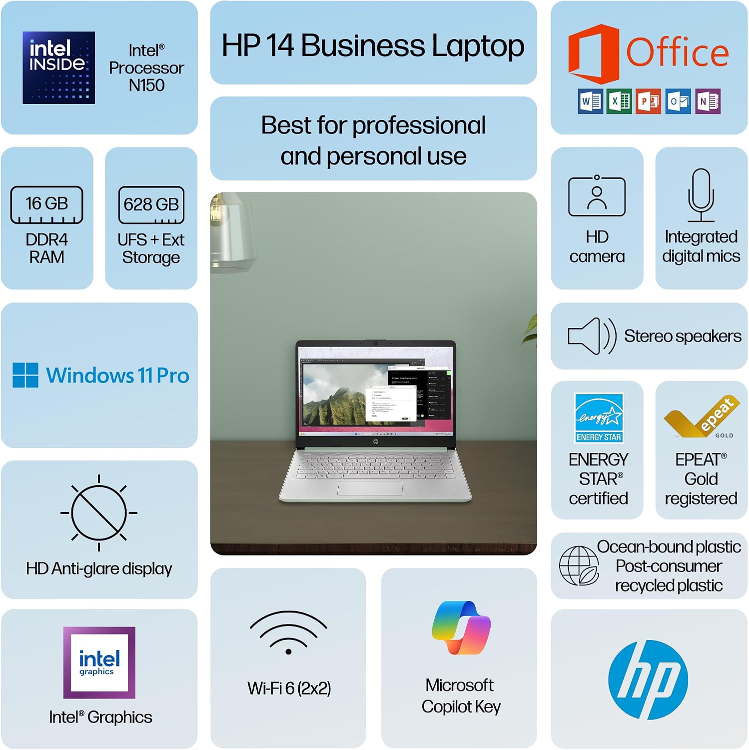 HP 14' Laptop Computer 2025-2026 Business Student, Copilot AI, Lifetime Office, 4-Core Intel CPU, 16GB RAM, 628GB Storage (128GB UFS+500GB Ext), Wi-Fi 6, 10+ Hrs, MarxsolAccessory, Win 11 Pro, Green
