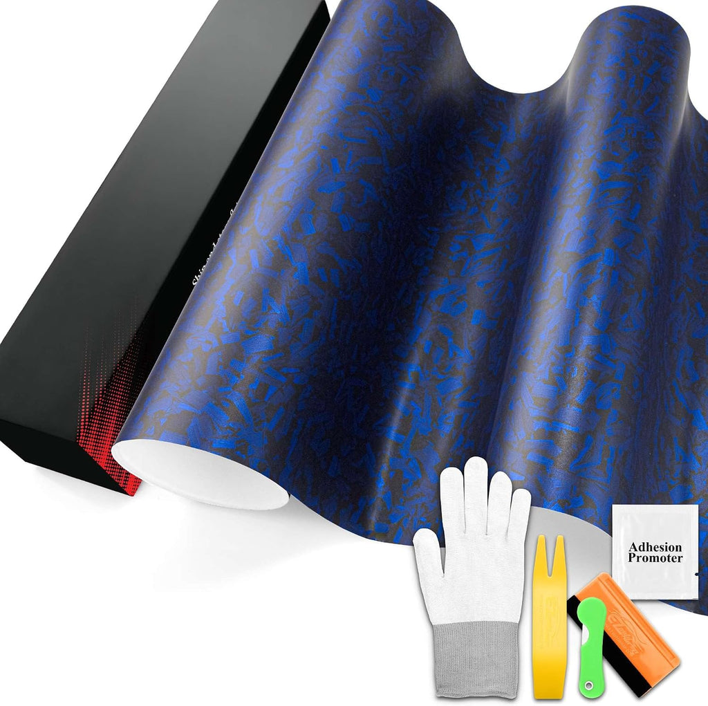 PET Marble Forged Carbon Fiber Textured Matte Royal Blue Vinyl Wrap Auto Car Sticker Decal Film Sheet Bubble Free Air Release Technology with Tool Set 5FTx20FT