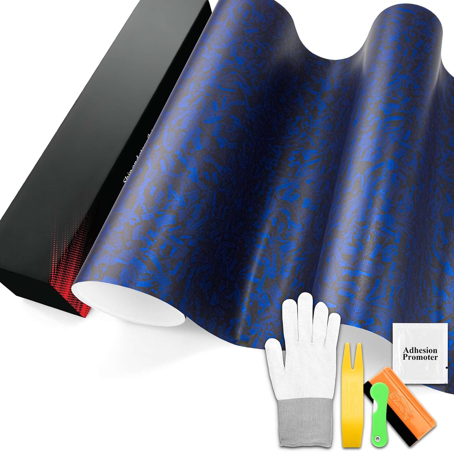 PET Marble Forged Carbon Fiber Textured Matte Royal Blue Vinyl Wrap Auto Car Sticker Decal Film Sheet Bubble Free Air Release Technology with Tool Set 5FTx35FT