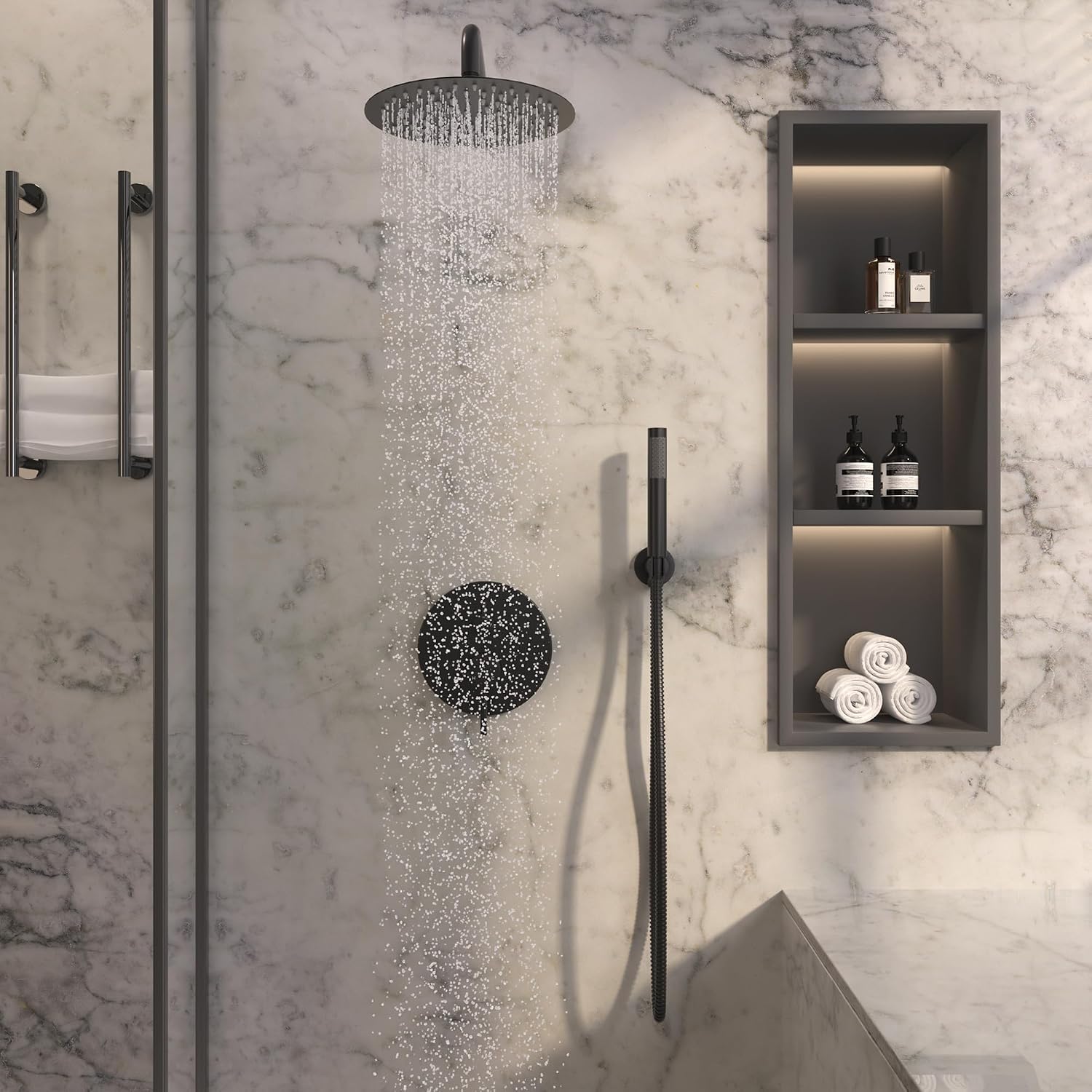 MONDAWE Round Shower Faucet Set, Wall Mounted Shower System 10 Inch Rainfall Shower Head with Handheld Combo, Matte Black High Pressure Rainfall Shower Set -Valve Included