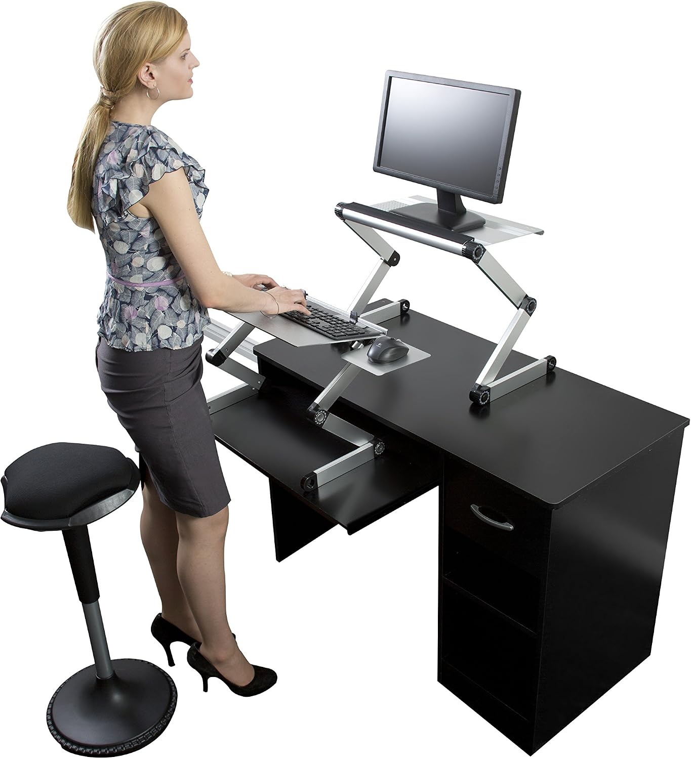 WorkEZ Adjustable Standing Desk Converter, Sit to Stand Desk Riser, Standing Desk for Laptop Monitor, Adjustable Height & Angle Negative Tilt, Silver