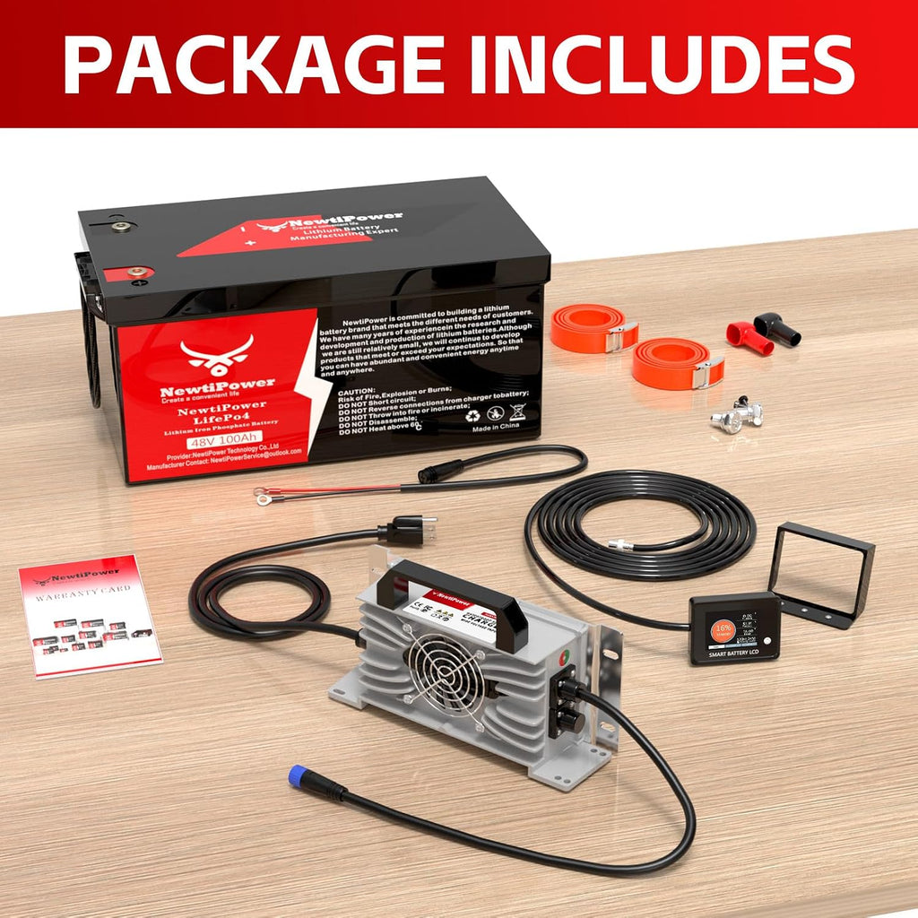 48V 100Ah Golf Cart LiFePO4 Battery with Charger&Monitor, 5120Wh Lithium Battery with 200A BMS, Up to 10000+ Rechargeable Cycles, Perfect for Golf Cart, Solar Power Storage (48V*100Ah)