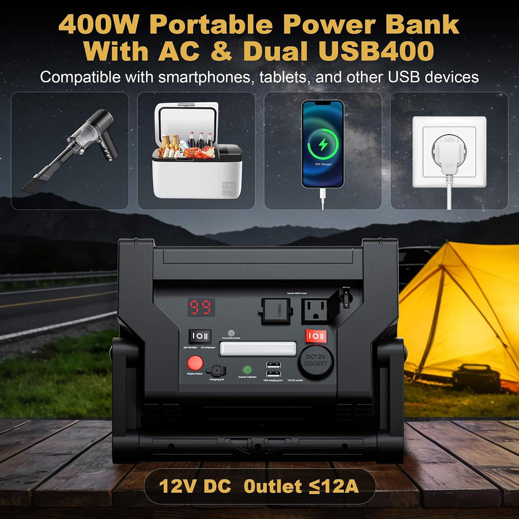 2000A Car Battery Jump Starter with Air Compressor 12V Battery Jumper Box Car Start Booster Up to 10L Gas/8L Diesel Engines with 400W AC Inverter, LED Light