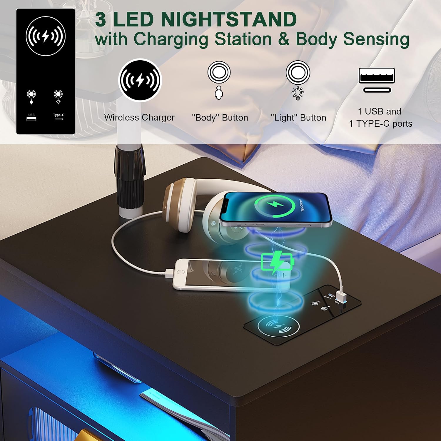HNEBC LED Nightstand Set of 2 with Charging Station & Adjustable Overbed Desk, 3 Color LED Lights & Body Sensor, Mobile Bedside Table with Wheels, 2 Drawers & Open Shelf for Bedroom (Black)