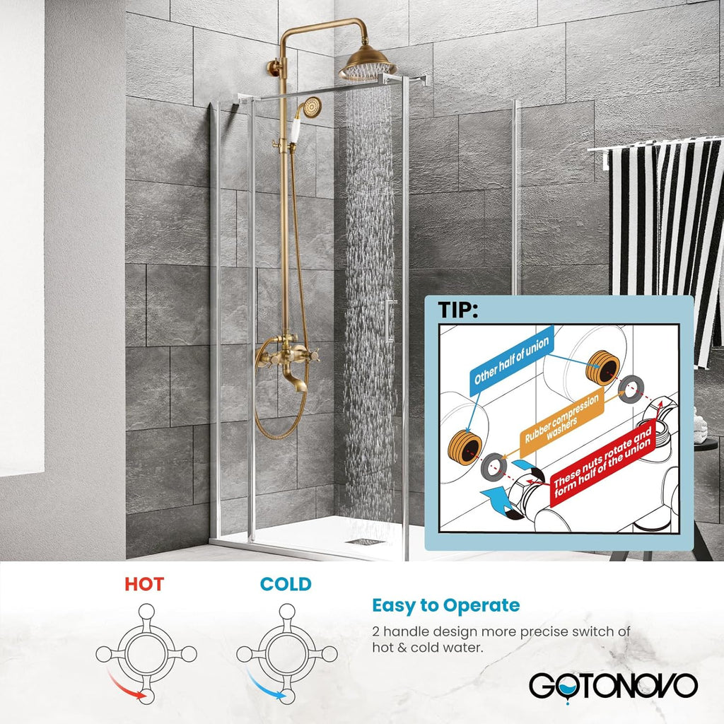gotonovo Bathroom Exposed Shower Faucet Outdoor Shower System 8 Inch Rainfall Shower Head Set with Tub Spout and Handheld Spray Double Cross Handles Wall Mount without Shower Shelf Antique Brass