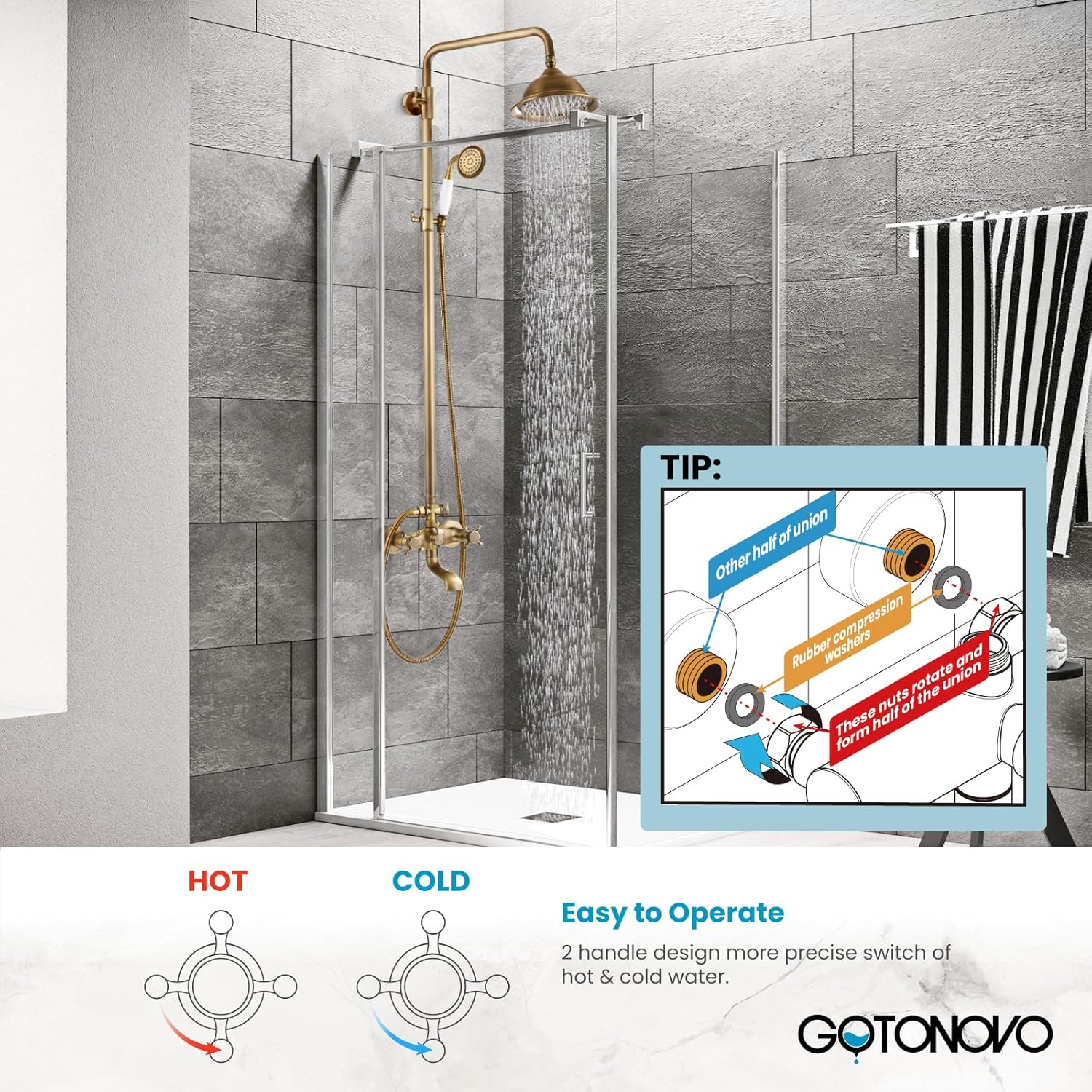 gotonovo Bathroom Exposed Shower Faucet Outdoor Shower System 8 Inch Rainfall Shower Head Set with Tub Spout and Handheld Spray Double Cross Handles Wall Mount without Shower Shelf Antique Brass