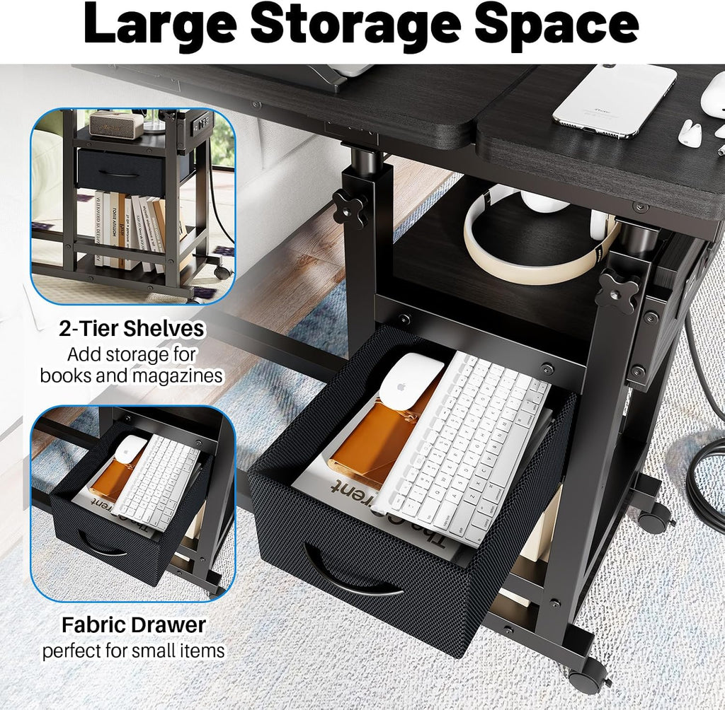 Height Adjustable Overbed Table with Wheel and Charging Station, Tiltable Desk C Shaped End Table for Couch, 2-Tier Overbed Bedside Desk with Storage Shelve for Living Room Bedroom