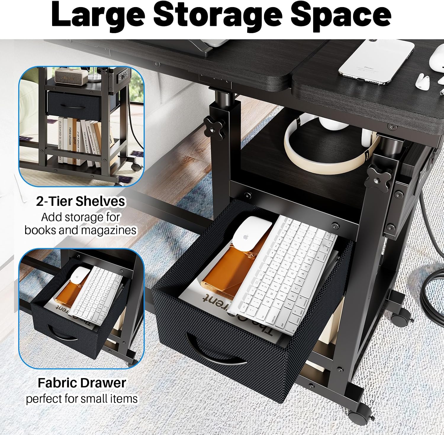 Height Adjustable Overbed Table with Wheel and Charging Station, Tiltable Desk C Shaped End Table for Couch, 2-Tier Overbed Bedside Desk with Storage Shelve for Living Room Bedroom