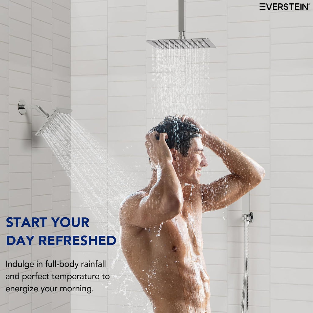 Ceiling Mount 12' High-Pressure Rainfall Shower Faucet, Dual Rainfall Shower Head System with Valve (Polished Chrome)