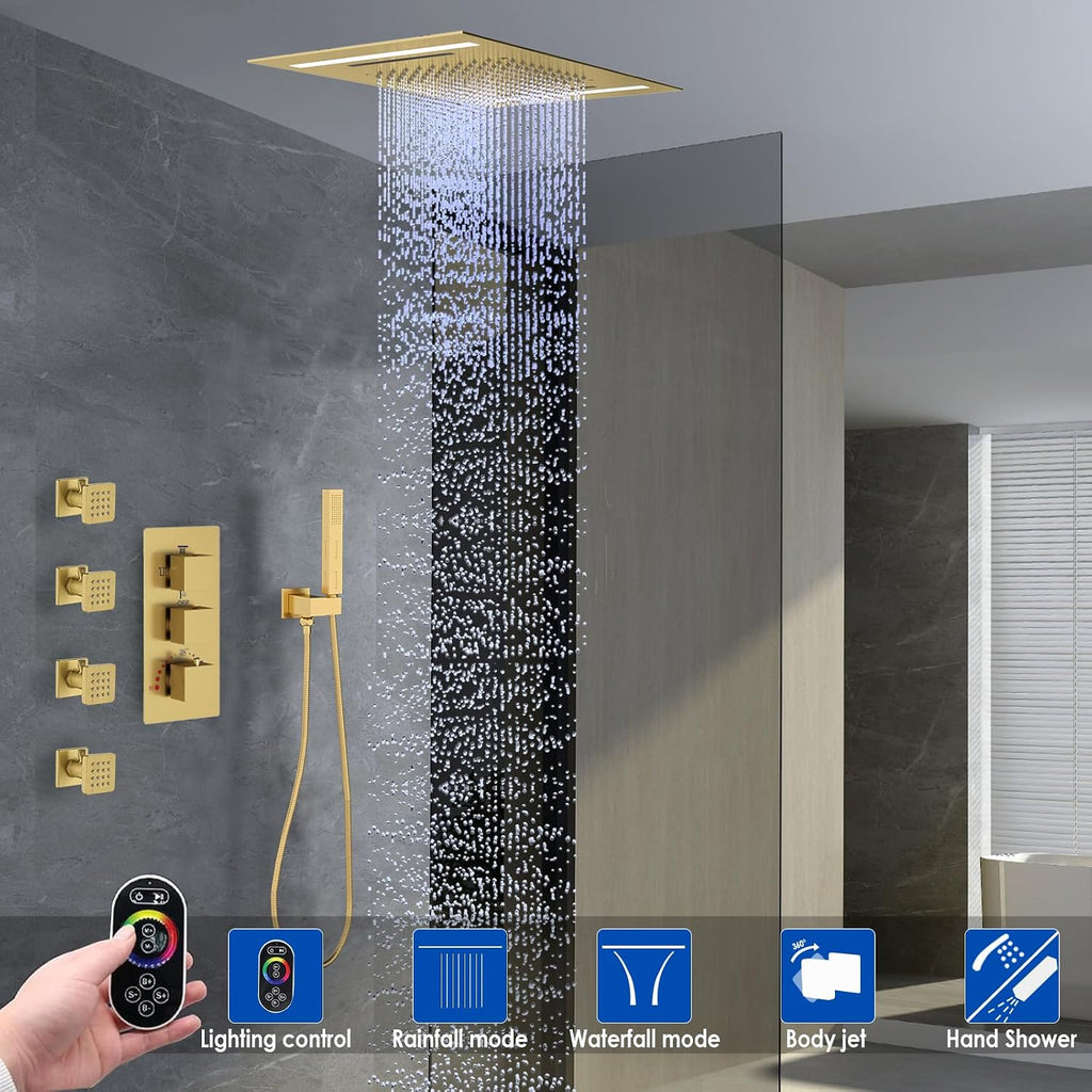 Brushed Gold Full Body Thermostatic Shower System, 14X20Inch LED Waterfall Rainfall Shower with 4 Jets Features Shut-Off, 2-mode Handheld, 4-Way Luxury Shower Fixture Faucets Set