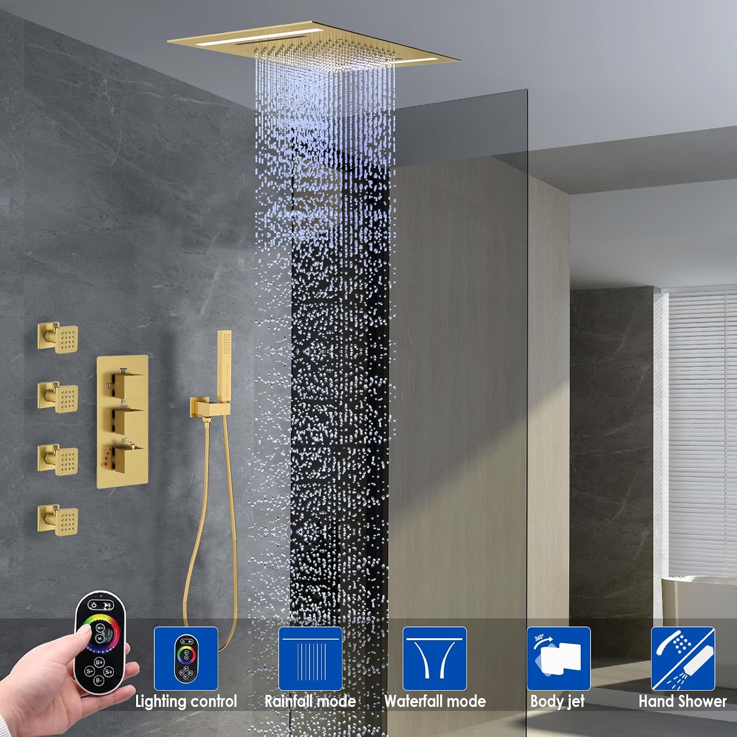 Brushed Gold Full Body Thermostatic Shower System, 14X20Inch LED Waterfall Rainfall Shower with 4 Jets Features Shut-Off, 2-mode Handheld, 4-Way Luxury Shower Fixture Faucets Set