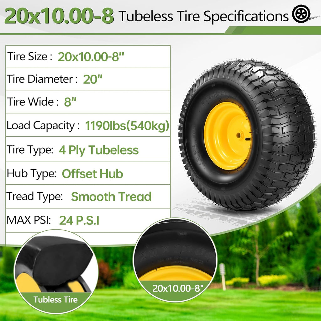 2PCS 20x10.00-8 Tubeless Lawn Mower Tire and Wheel, Replacement 20x10-8nhs Riding Lawn Mower and Tractor Rear Tire and Wheel Assemblies. 3/4' Borehole, and 3/16' Keyway, 3.5'Offset Hub, 4 Ply,1190 Lbs