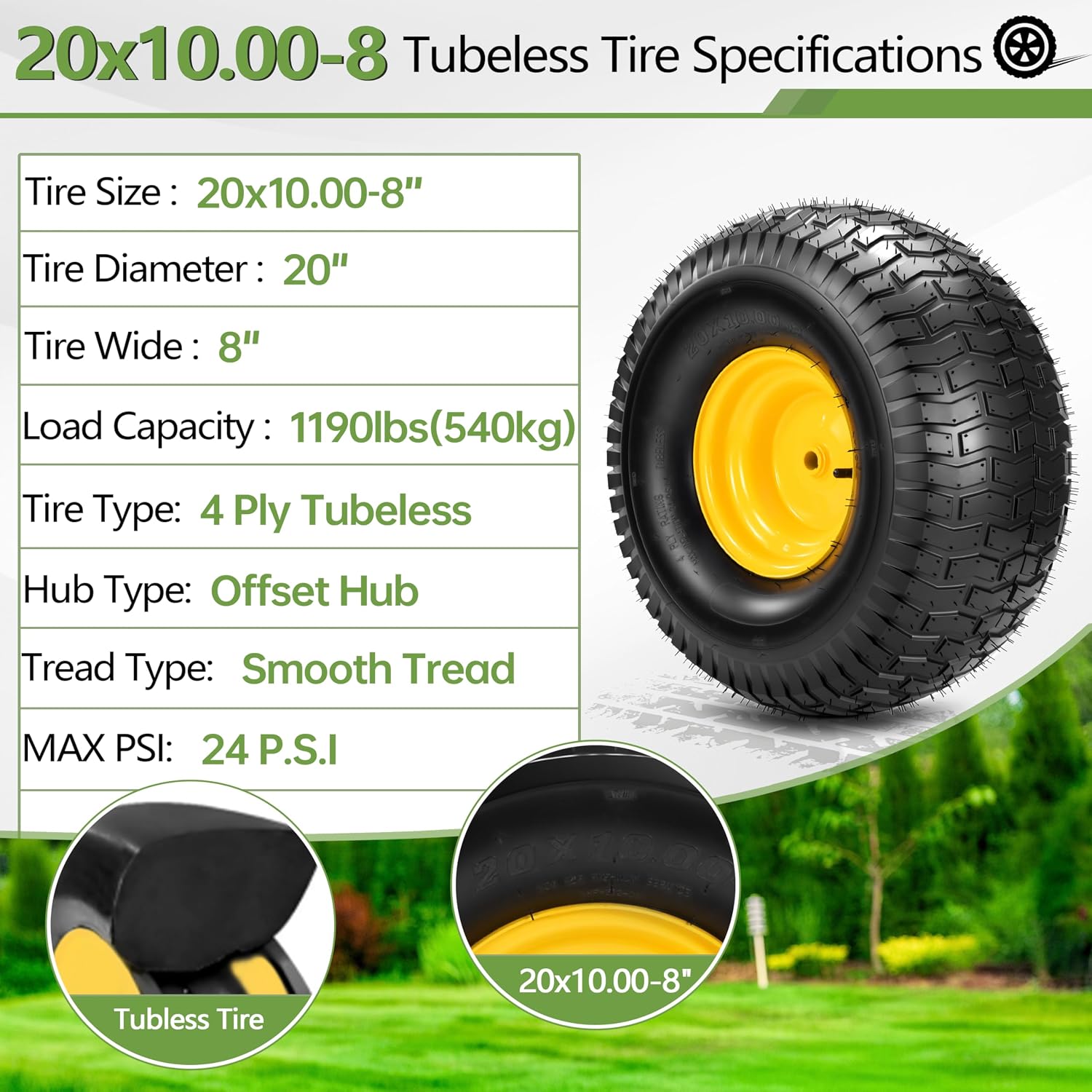 2PCS 20x10.00-8 Tubeless Lawn Mower Tire and Wheel, Replacement 20x10-8nhs Riding Lawn Mower and Tractor Rear Tire and Wheel Assemblies. 3/4' Borehole, and 3/16' Keyway, 3.5'Offset Hub, 4 Ply,1190 Lbs