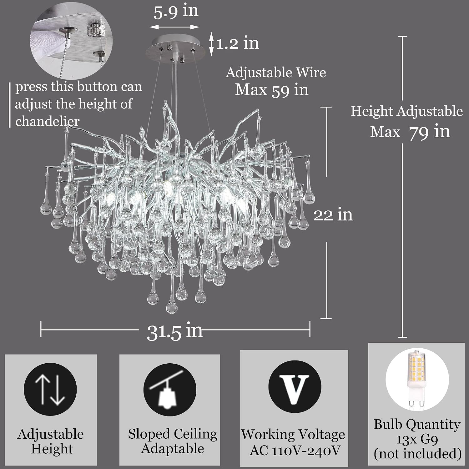 Modern Crystal Raindrop Chandelier, Silver Round Art Deco Tree Branch Lighting Fixture for Dining Room Living Room Foyer 13 Lights D31.5''