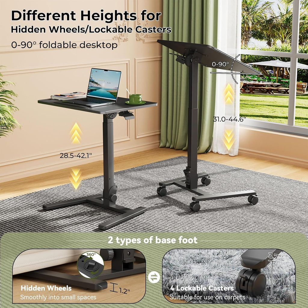 Gibbon Mounts Foldable Standing Desk，Small Mobile Sit-Stand Desk with 90 Tiltable Top，Rolling Rising Laptop Workstation Adjustable Height，Portable Table on Hidden Wheels/4 Lockable Casters，Black