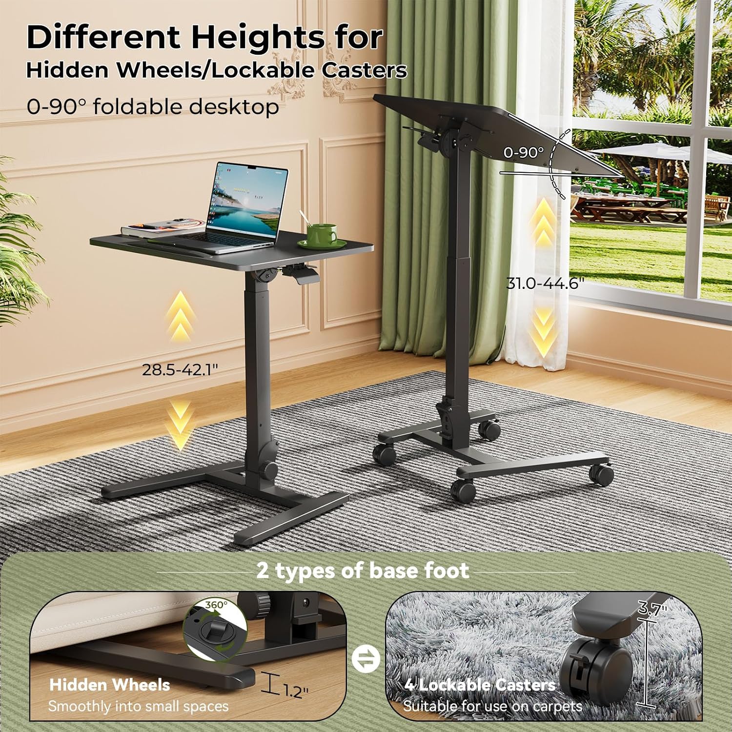 Gibbon Mounts Foldable Standing Desk，Small Mobile Sit-Stand Desk with 90 Tiltable Top，Rolling Rising Laptop Workstation Adjustable Height，Portable Table on Hidden Wheels/4 Lockable Casters，Black