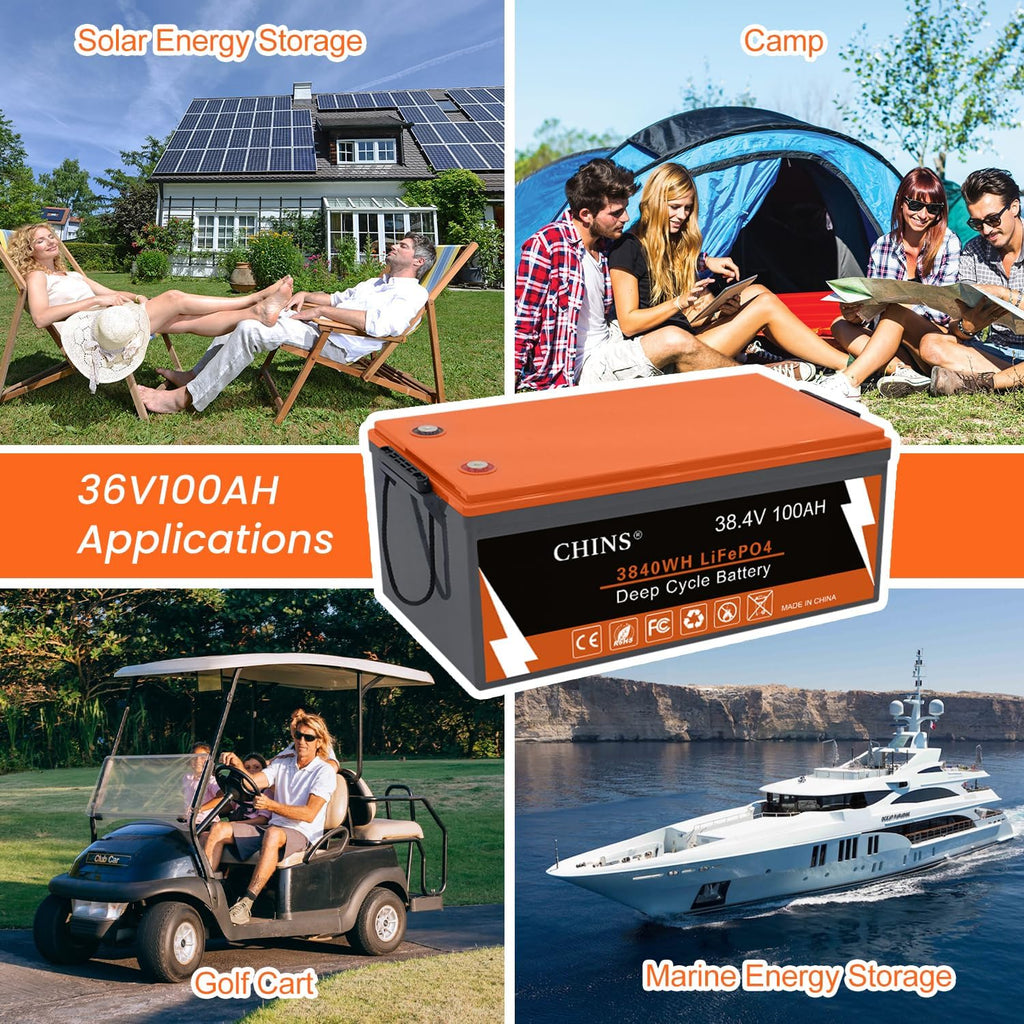 CHINS 36V 100Ah Lithium Golf Cart Battery, Includes 36V 25A Charger, Monitor, Built-in Smart 200A BMS, 36V Lithium Battery Perfect for Golf Cart