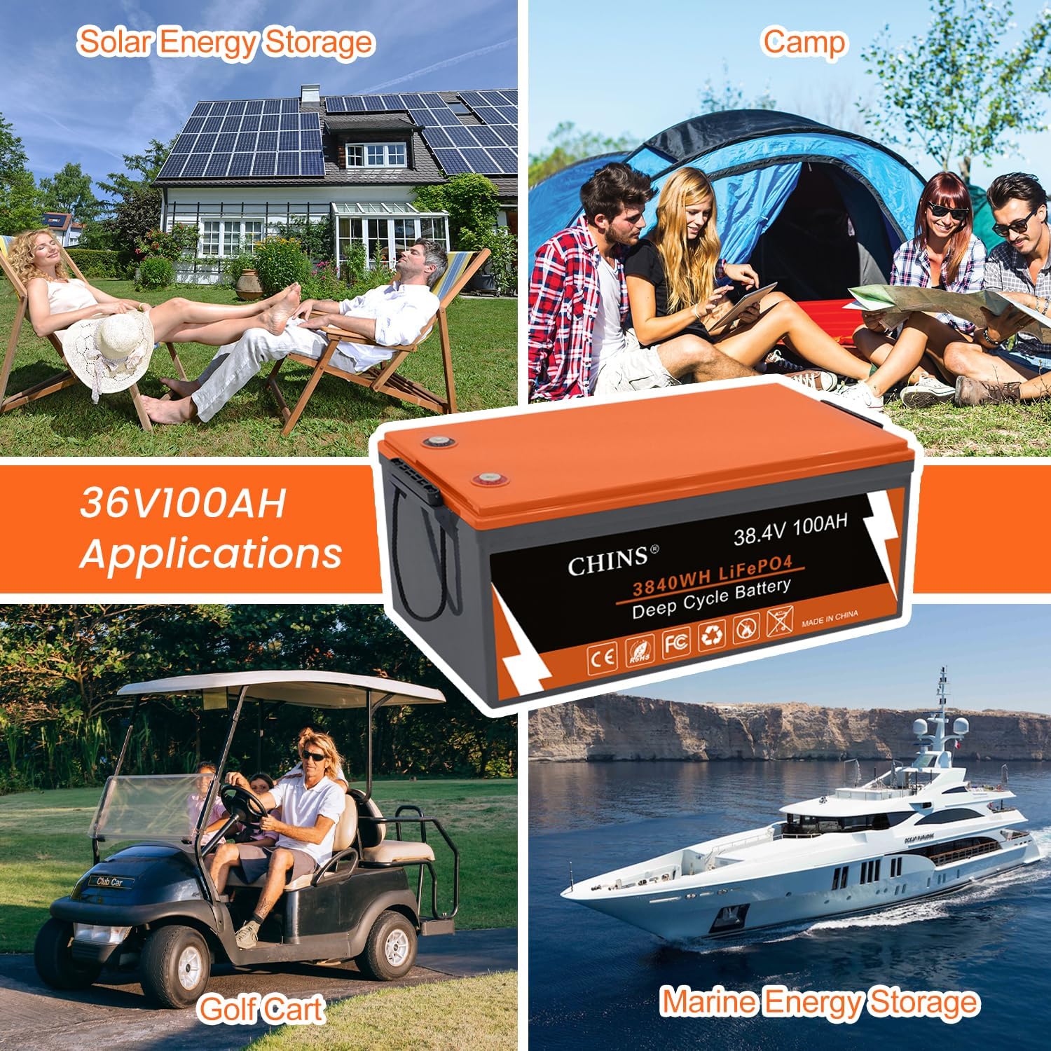 CHINS 36V 100Ah Lithium Golf Cart Battery, Includes 36V 25A Charger, Monitor, Built-in Smart 200A BMS, 36V Lithium Battery Perfect for Golf Cart