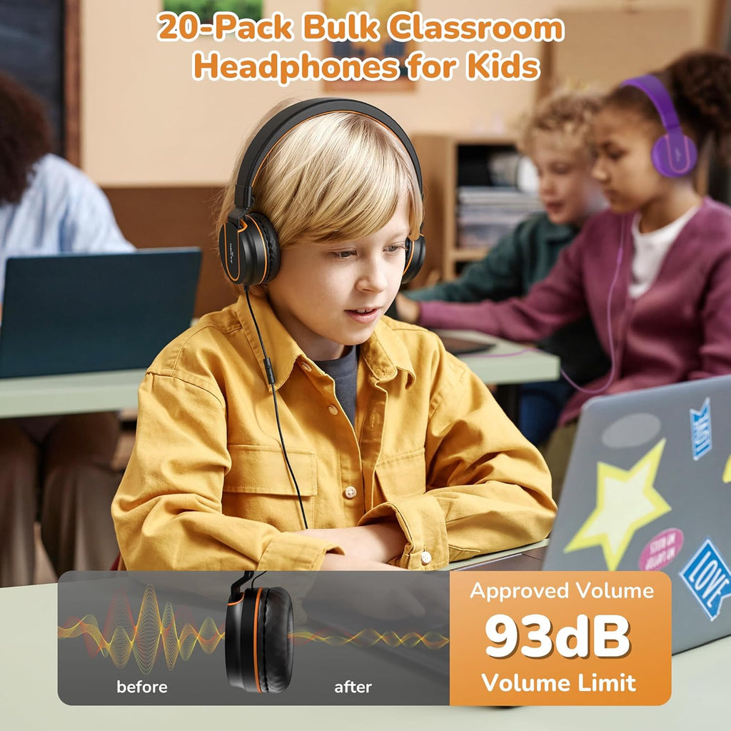 AILIHEN Classroom Headphones Kids Headphones for K-12 School Class Sets (20 Pack), On-Ear Premium Student Durable Bulk Headphones - 93dB Volume Limited, 3.5mm Jack for Chromebooks Laptop Computer