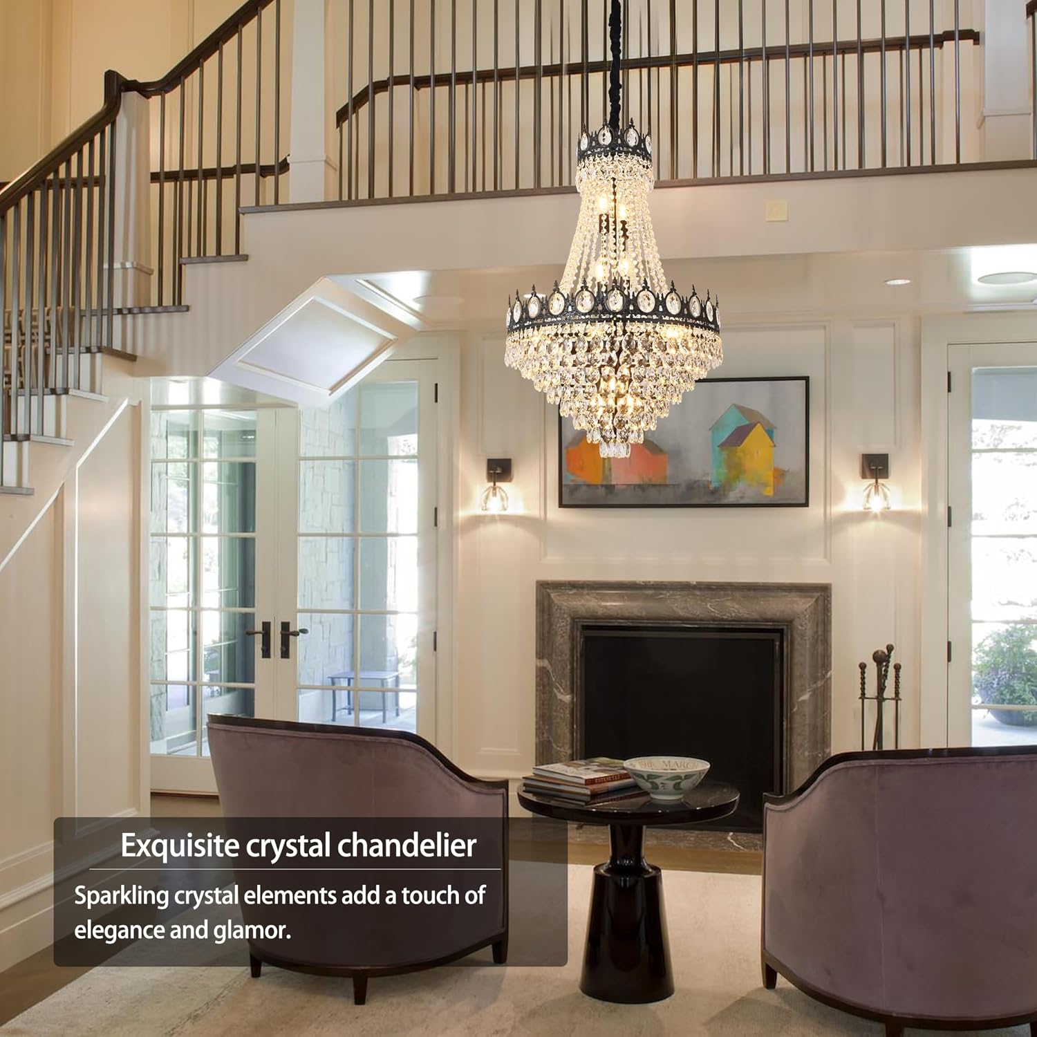 KoKo&Yukina Black 23.6' French Empire Crystal Chandelier - 14 Lights K9 Modern Farmhouse Adjustable Hanging Light for Living Room, Dining Room, Bedroom