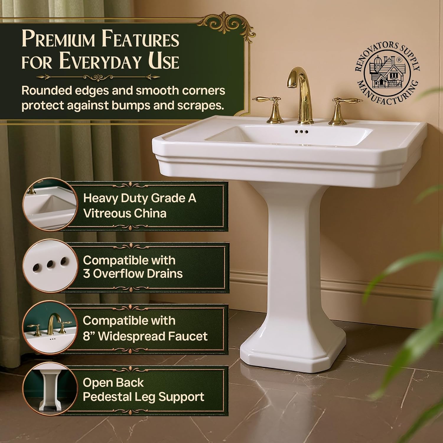 Renovators Supply Manufacturing Victorian 32' W x 34.5' H x 22' Proj. Large White Bathroom Pedestal Sink, Vitreous China, with Overflow, Compatible with 8 in. Widespread Faucets
