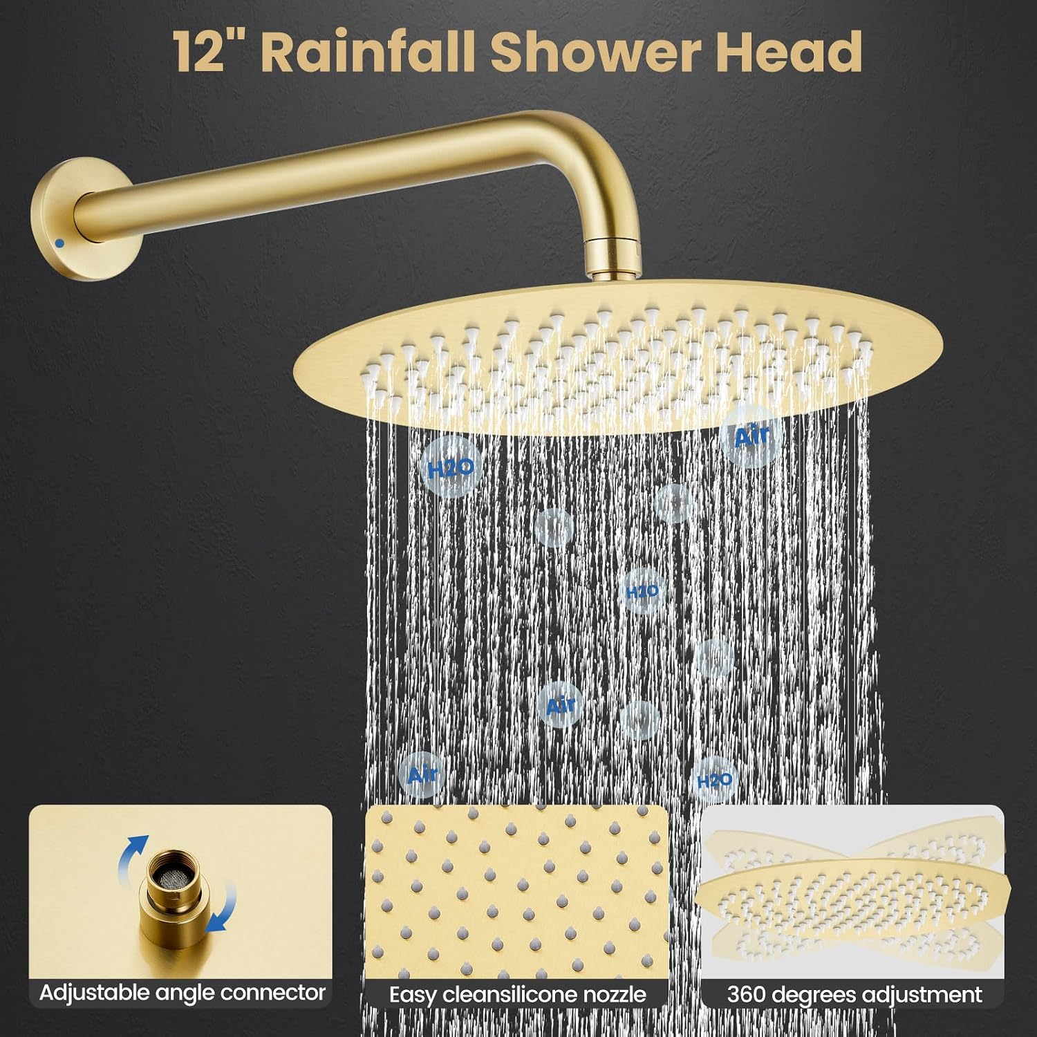 Airuida 3-Function Rain Shower System Set – Wall Mount Tub Shower Combo with Handheld Shower and Tub Spout,12 Inch Shower Head,Brushed Gold