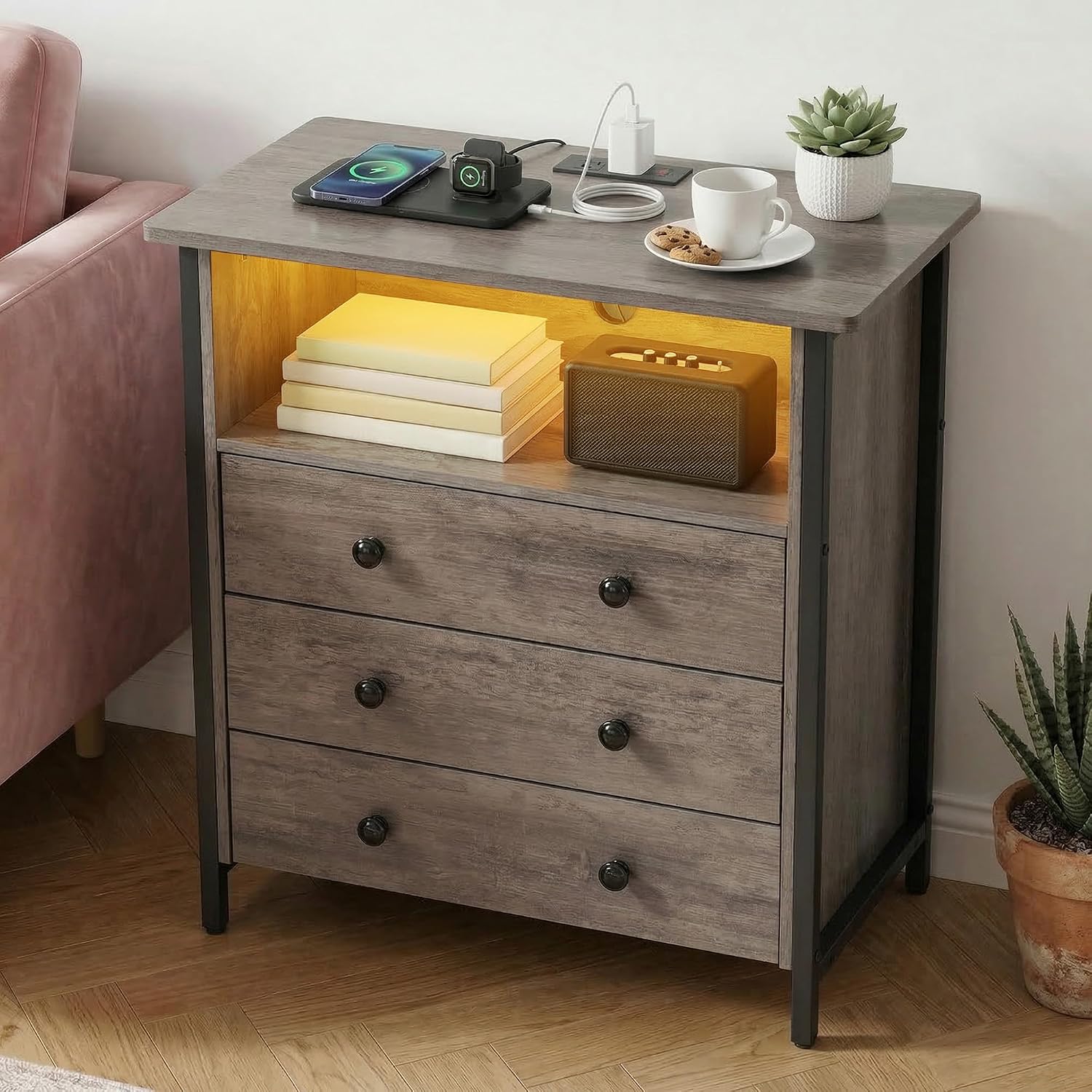 27 Inch Wide Nightstand Set of 2 with Charging Station, Large Nightstand Set 2 with 3 Wood Drawers & LED Lights, Big Bedside Table with Open Shelf for Bedroom, Guest Room, Office, Gray.