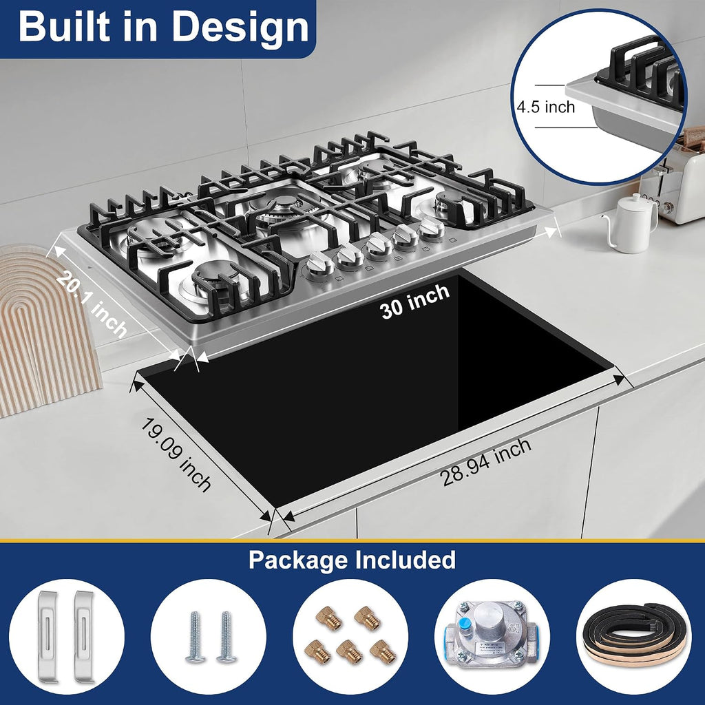 Amzgachfktch Gas Cooktop 30 Inch with 5 Italy SABAF Powerful Burners, Max 48,300 BTU/hr Gas Stove Top, Built-in 304 Stainless Steel Propane Stove, NG/LPG Convertible, CSA Certified