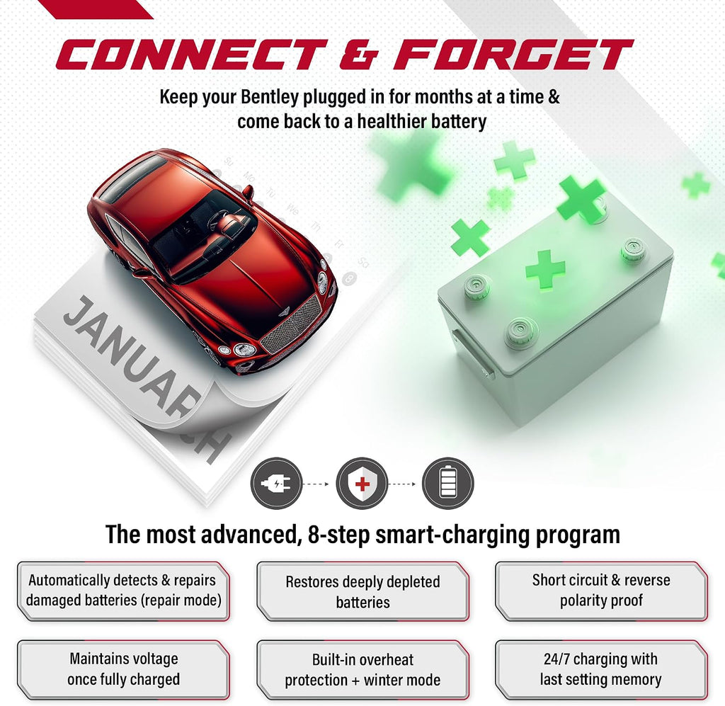 JMR Battery Charger for Bentley Continental GT Bentayga Flying Spur Mulsanne Trickle Charger Conditioner Maintainer (Magnetic Port, No Lithium Mode)