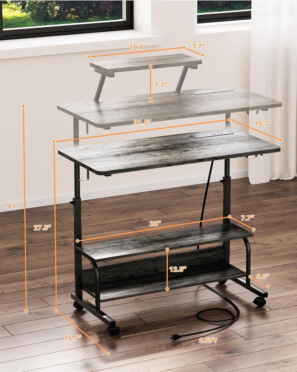 Height Adjustable Standing Desk with Power Outlets and LED Lights - 32' Manual Stand Up Desk with Monitor Stand and Storage Shelves Small Mobile Rolling Computer Desk Portable Laptop Table, Grey Oak