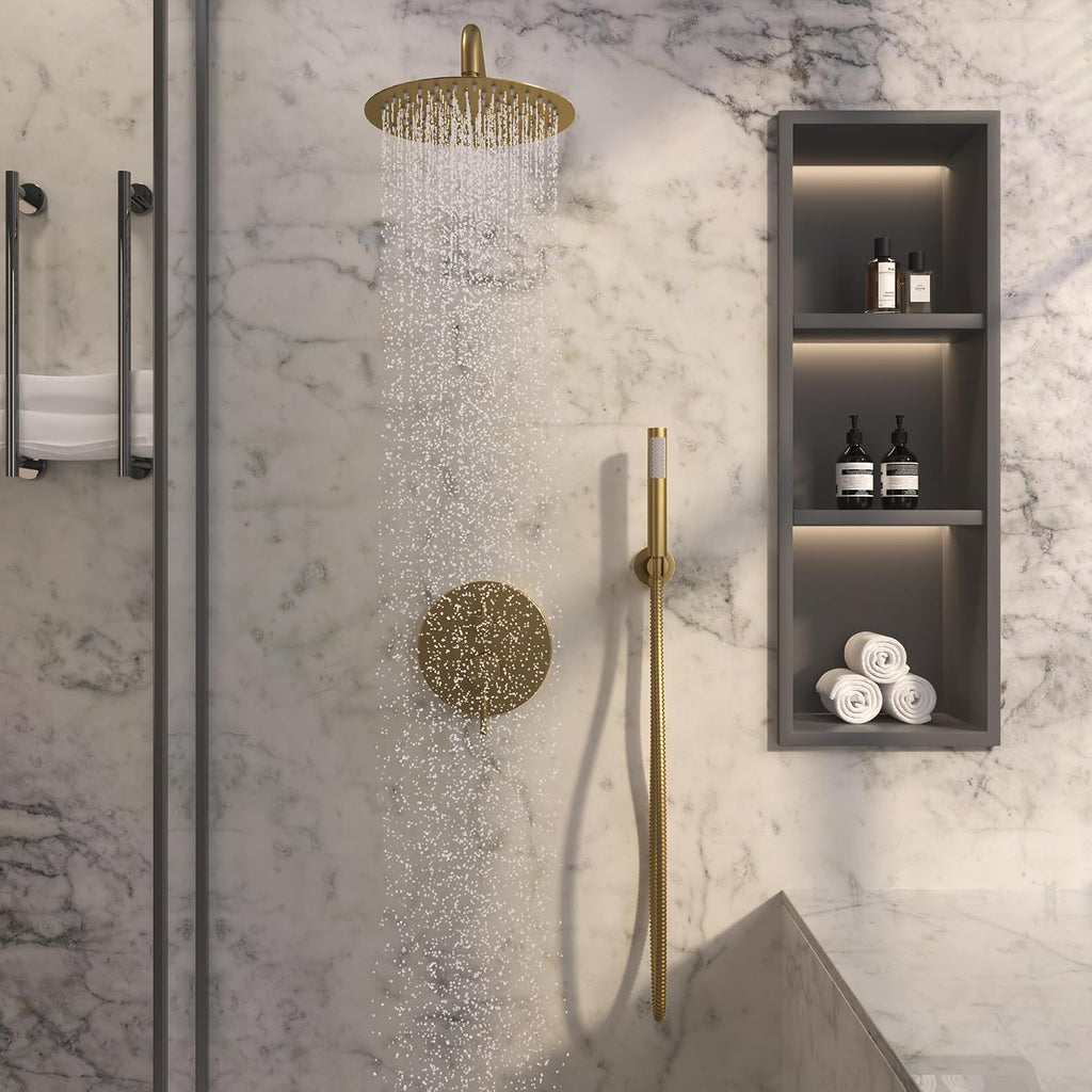 MONDAWE Round Shower Faucet Set, Wall Mounted Shower System 10 Inch Rainfall Shower Head with Handheld Combo, Brushed Gold High Pressure Rainfall Shower Set -Valve Included
