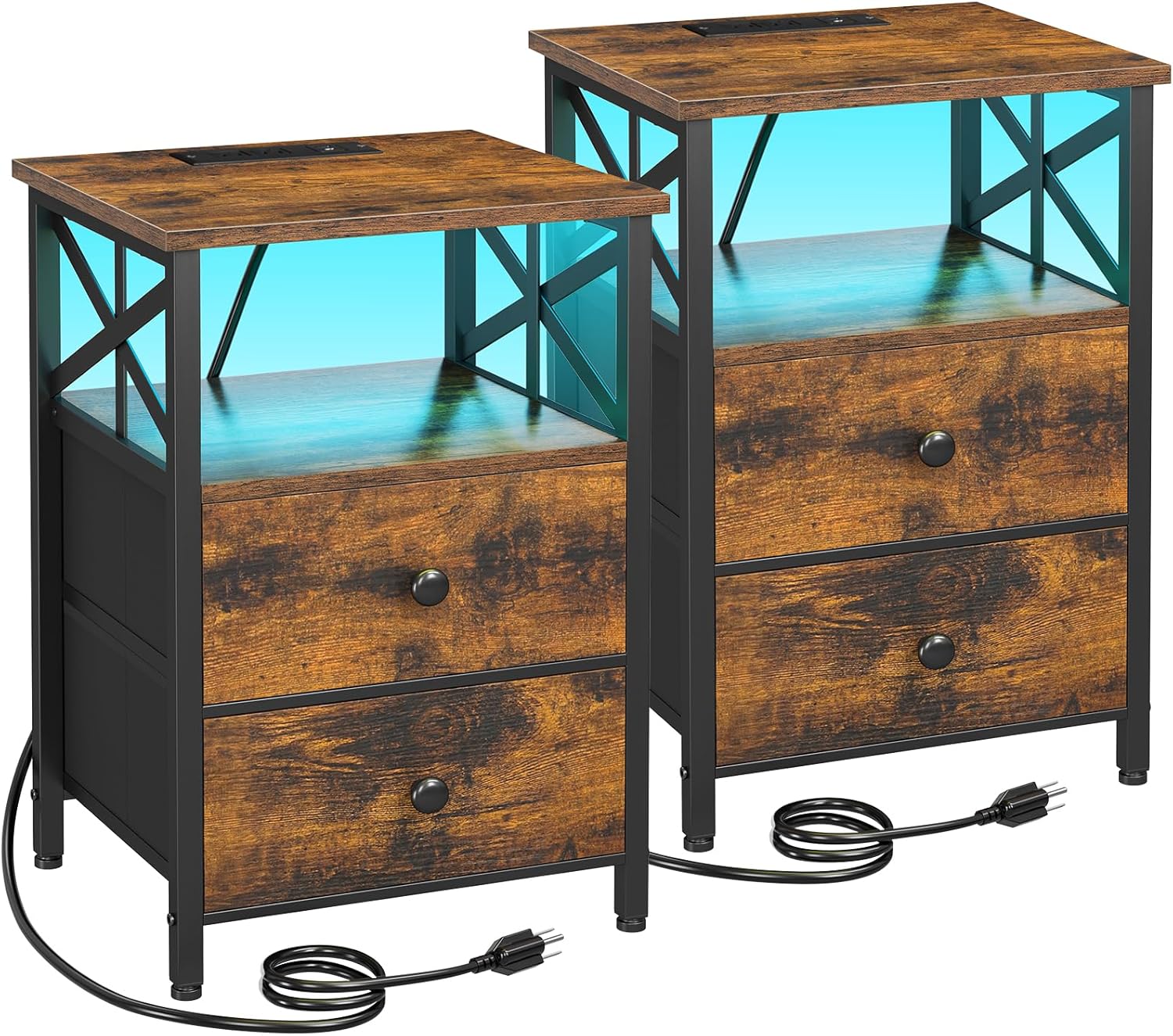 AMHANCIBLE Night Stand Set of 2 with Charging Station and LED Lights, Large 2-Drawer Bedside Tables with USB Ports and AC Outlets, Modern Nightstand for Bedroom, Brown, HET052LBR