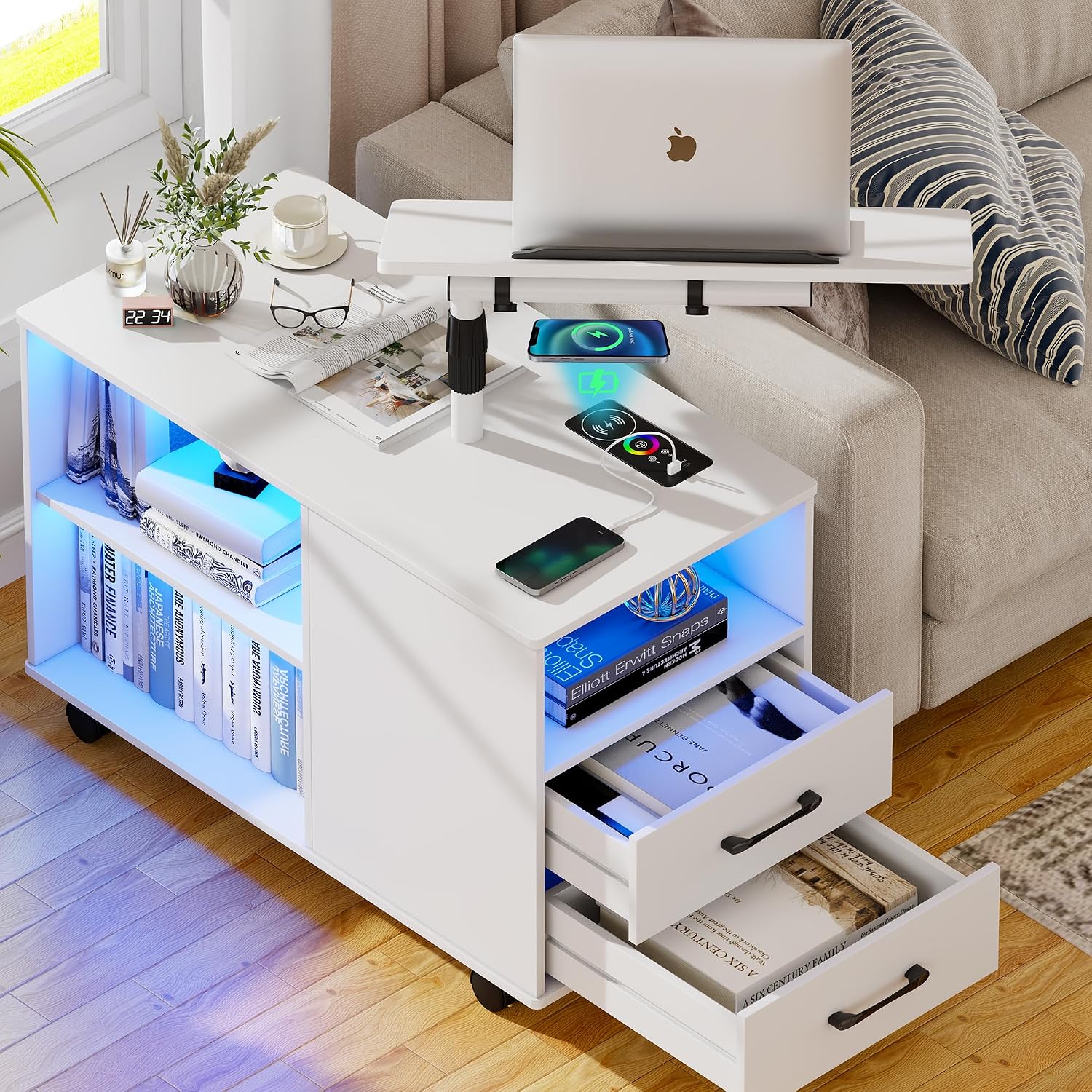 Set of 2 Night Stand with 360° Laptop Tray,Nightstand with Charging Station,Modern Bedside Table with 24-Color Human Sensor Lights,Large End Table w/ 2 Drawers,3 Shelves,5 Wheels,White