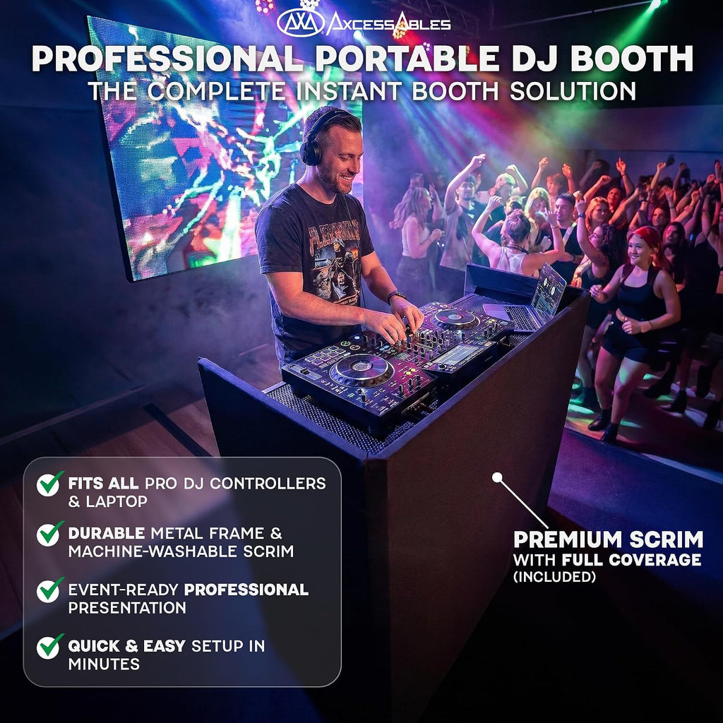 AxcessAbles Portable DJ Facade Booth with Carry Case – 40' x 20' Tabletop, Steel Frame, and Black & White Scrims | White DJ Table | Event Booth (ES-01XBW)