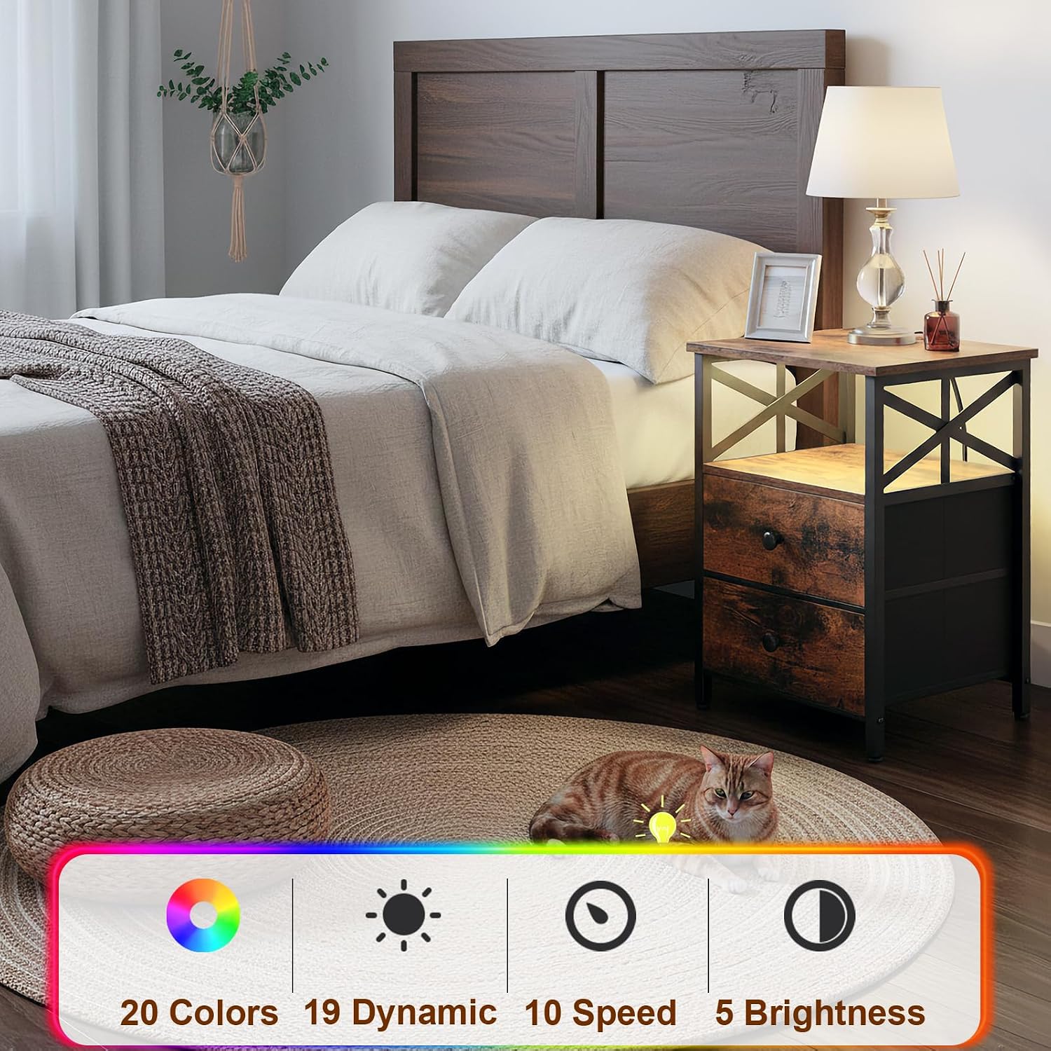 AMHANCIBLE Night Stand Set of 2 with Charging Station and LED Lights, Large 2-Drawer Bedside Tables with USB Ports and AC Outlets, Modern Nightstand for Bedroom, Brown, HET052LBR