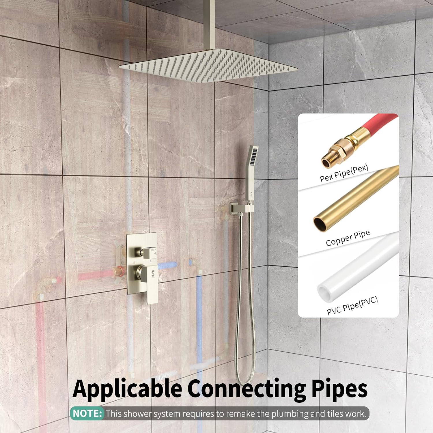SR SUN RISE 16 Inches Brushed Nickel Shower System Bathroom Luxury Rain Mixer Shower Combo Set Ceiling Mounted Rainfall Shower Head Faucet (Contain Shower Faucet Rough-In Valve Body and Trim)