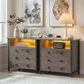 27 Inch Wide Nightstand Set of 2 with Charging Station, Large Nightstand Set 2 with 3 Wood Drawers & LED Lights, Big Bedside Table with Open Shelf for Bedroom, Guest Room, Office, Gray.