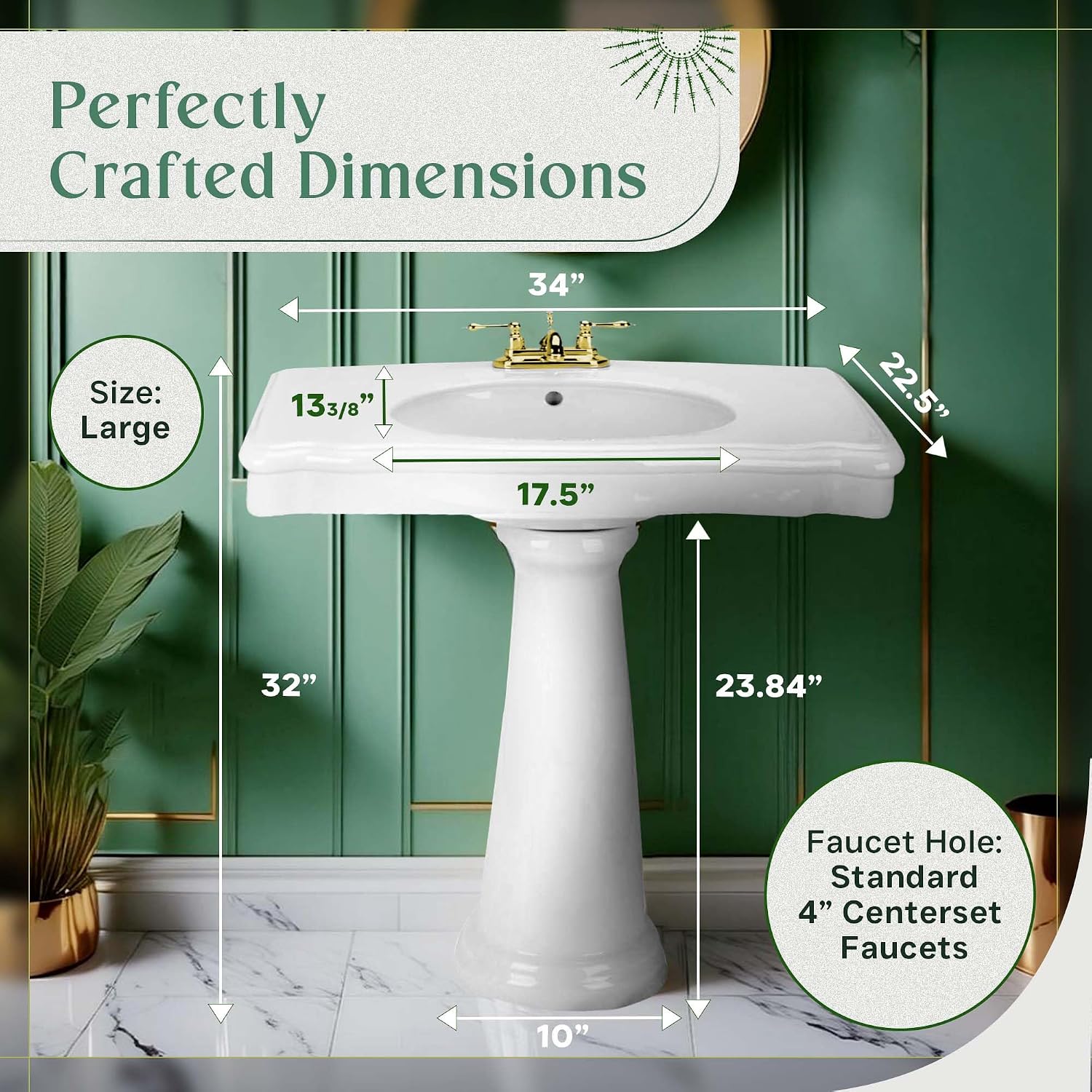 Renovators Supply Manufacturing Darbyshire 34'W x 22.5' D x 32' H Large Bathroom Pedestal Sink. Vitreous China with Overflow, 4 in. Centerset Faucets
