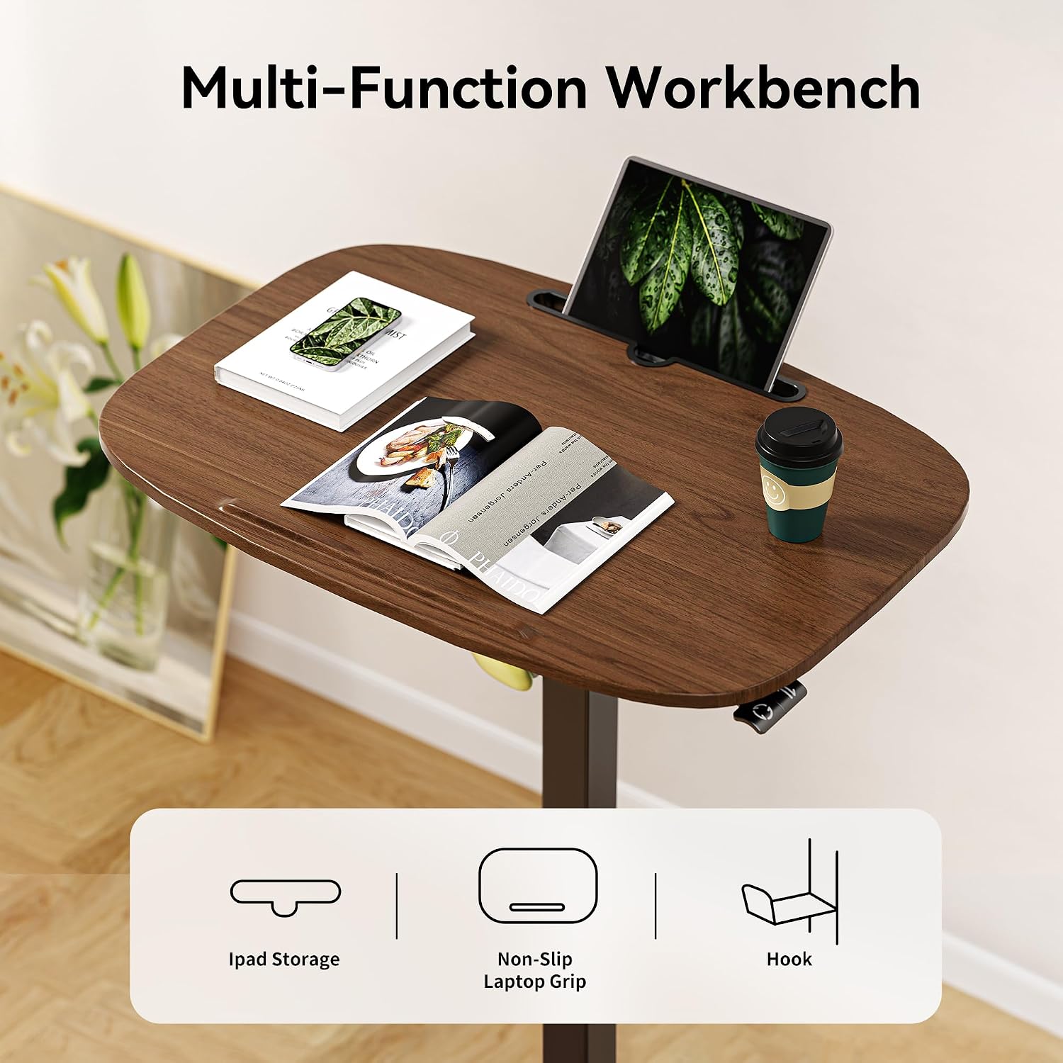 WALKINGDESK Folding Pneumatic Height Adjustable Mobile Standing Desk with 90° Tiltable Tabletop, 27.2x18.9 Inch Portable Laptop Desk with Wheels, Holds Up to 66.1lbs for Home Office, Black Walnut