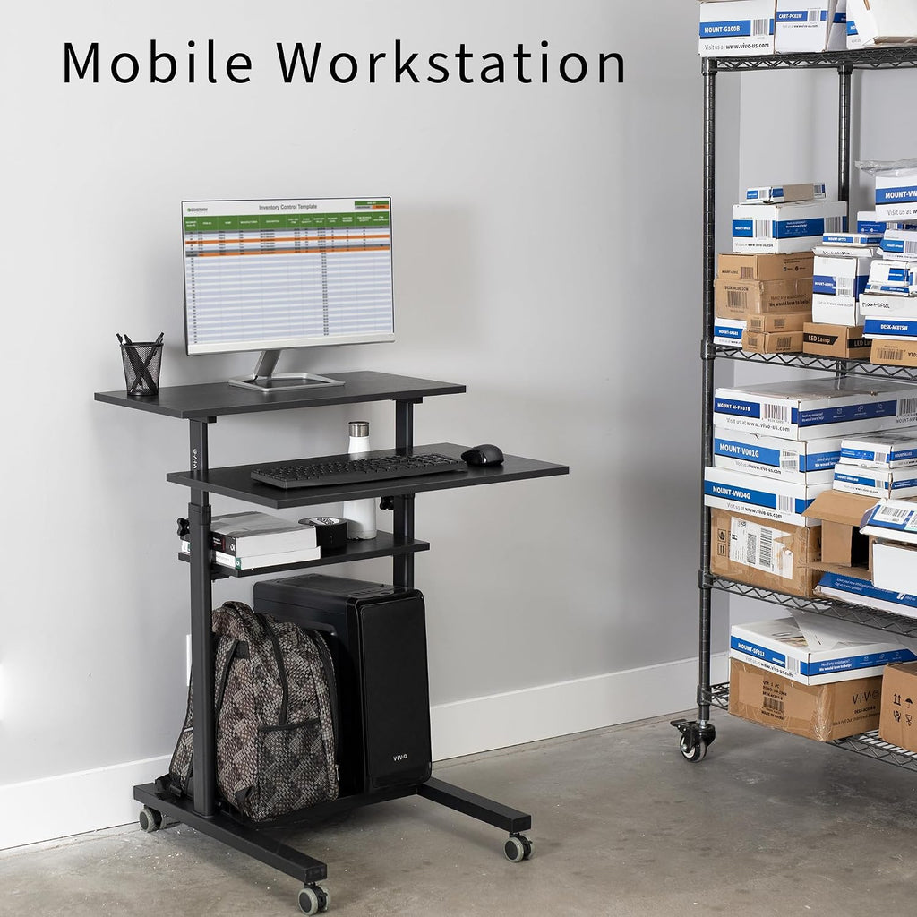 VIVO Mobile 28 inch Standing Desk Workstation, Height Adjustable Rolling Laptop Cart with Storage, Black, CART-V02DB