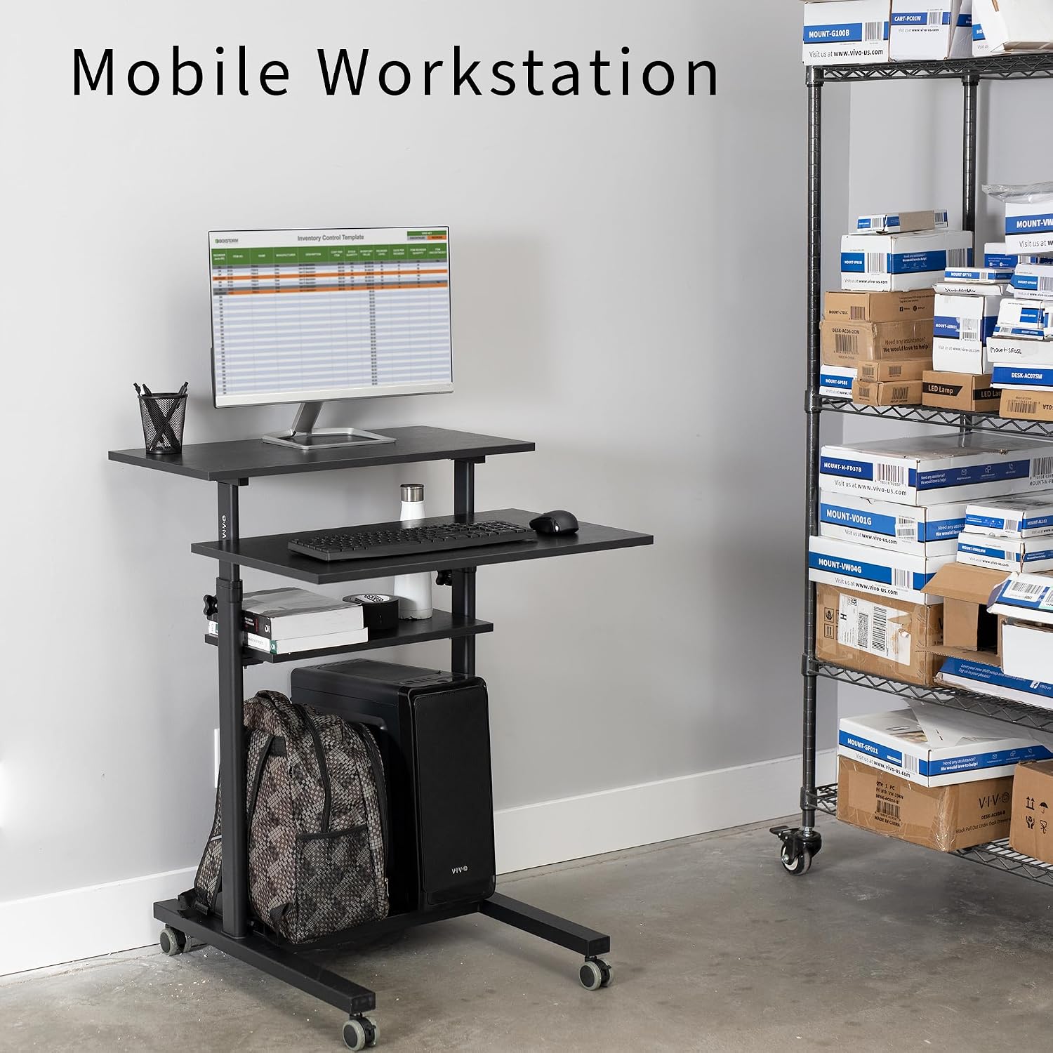 VIVO Mobile 28 inch Standing Desk Workstation, Height Adjustable Rolling Laptop Cart with Storage, Black, CART-V02DB