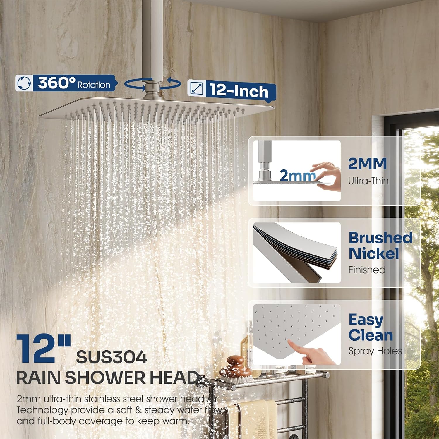 Ceiling Mount Shower System, Shower Faucet Set with 12-Inch Rain Showerhead and Handheld Spray Combo, High-Pressure Showerheads Set with Valve and Trim Kit, Brushed Nickel