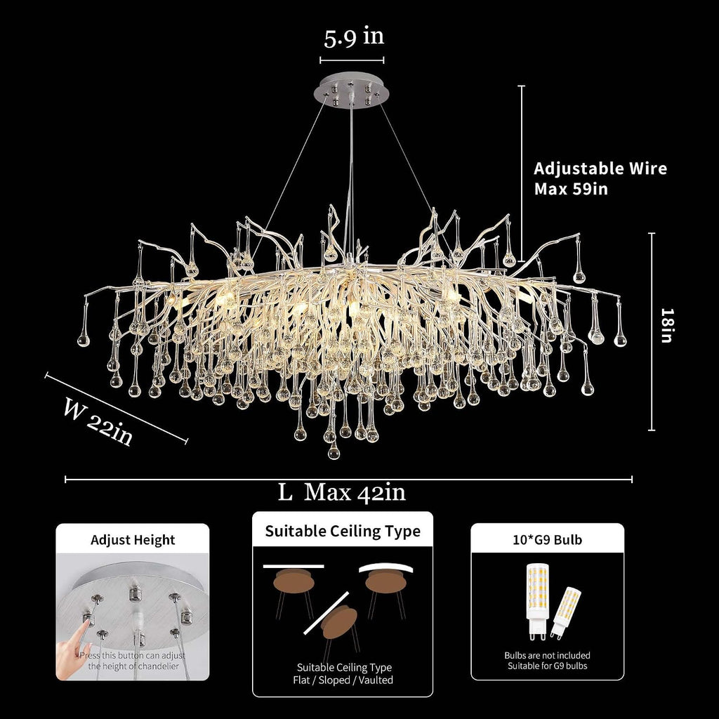 Modern Crystal Raindrop Chandelier, L40'' Silver Linear Rectangle Art Deco Tree Branch Lighting Fixture for Kitchen Island Living Room Foyer Staircase 10 Lights
