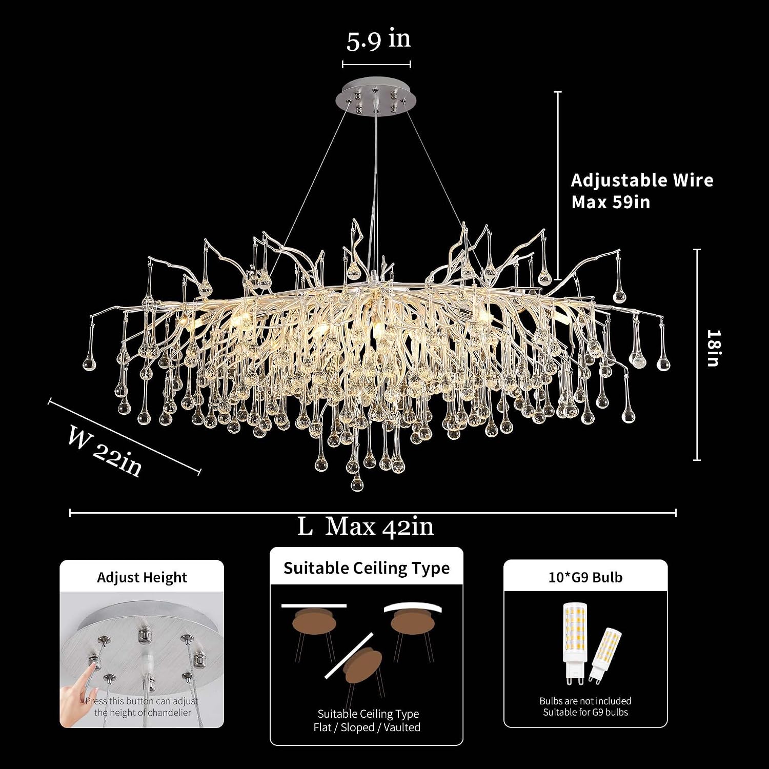 Modern Crystal Raindrop Chandelier, L40'' Silver Linear Rectangle Art Deco Tree Branch Lighting Fixture for Kitchen Island Living Room Foyer Staircase 10 Lights