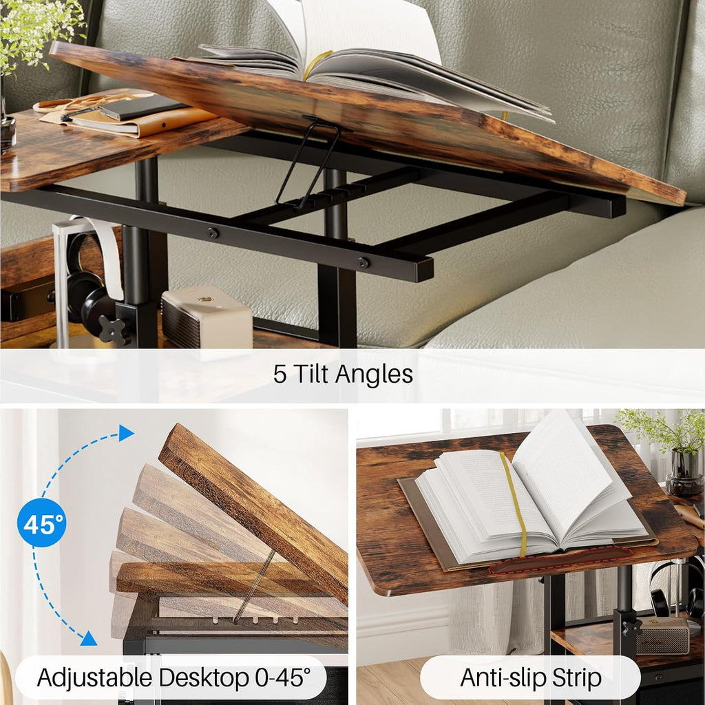 Height Adjustable Overbed Table with Wheel and Charging Station, Tiltable Desk C Shaped End Table for Couch, 2-Tier Overbed Bedside Desk with Storage Shelve for Living Room Bedroom