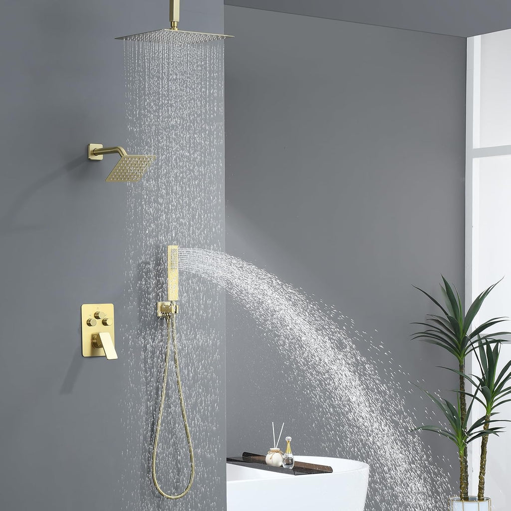 Shower Faucet Set, Brushed Gold Shower System with Rain Shower and Handheld Bathroom Ceiling 12 Inch Shower Set with Valve